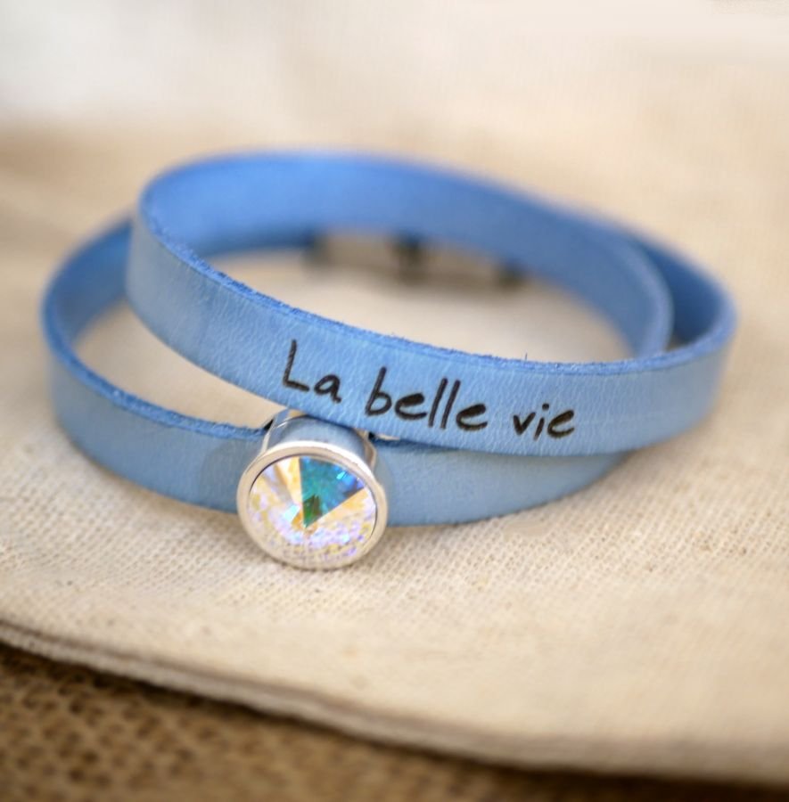 Leather bracelet woman double turns to be personalized decorated with a Swarovski crystal cabochon 