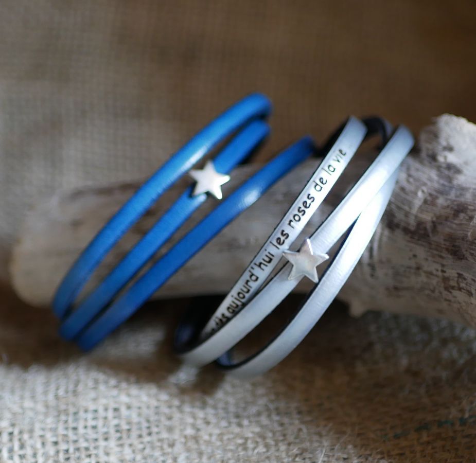 Leather bracelet woman multitours customizable decor silver star