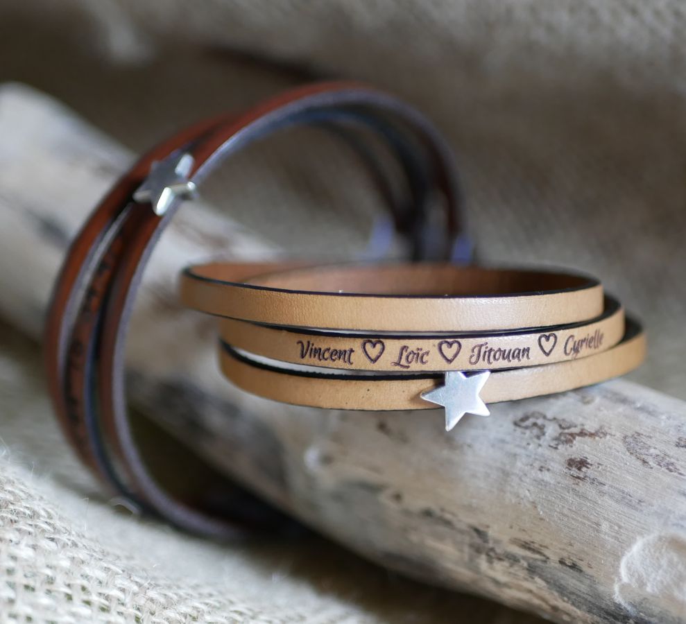 Leather bracelet woman multitours customizable decor silver star