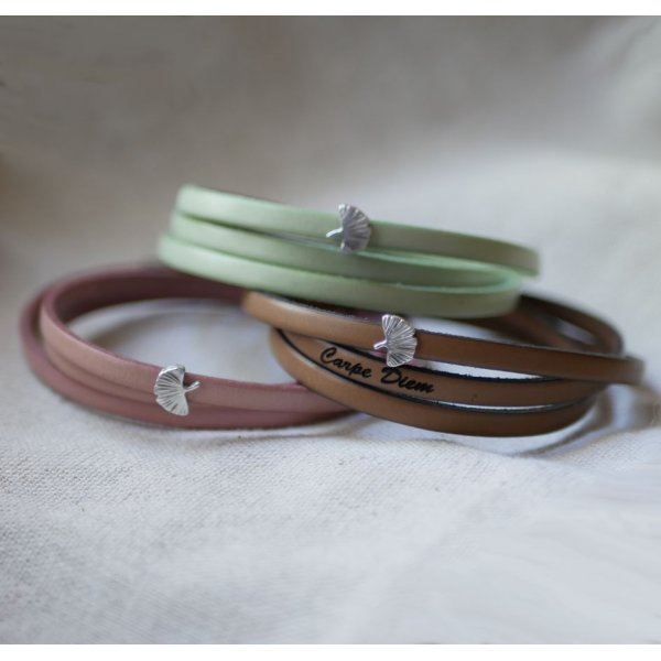 Leather bracelet woman multi-tours silver Ginkgo leaf customizable 