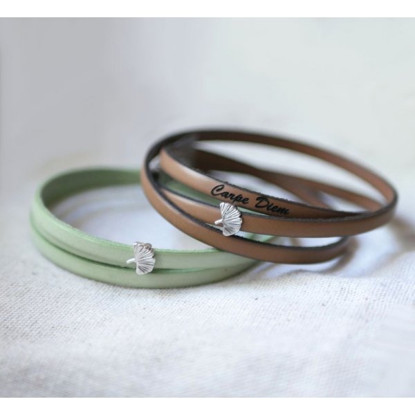 Leather bracelet woman multi-tours silver Ginkgo leaf customizable 