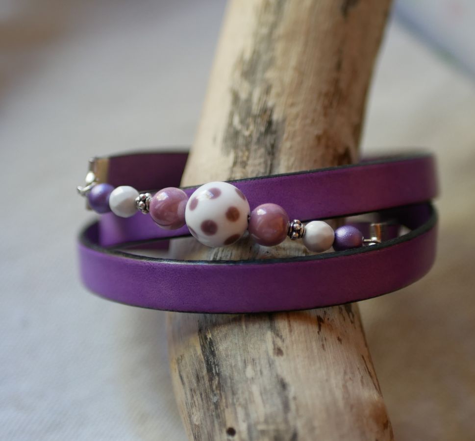 Leather bracelet woman and pearls Mauve triple to customize 