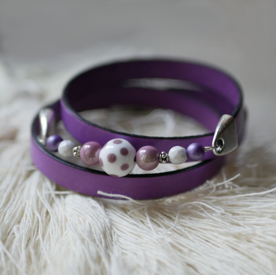 Leather bracelet woman and pearls Mauve triple to customize 