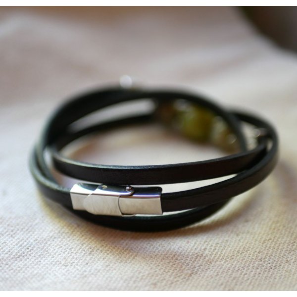 Turquoise green leather and Ceramic beads bracelet for women, to personalize 