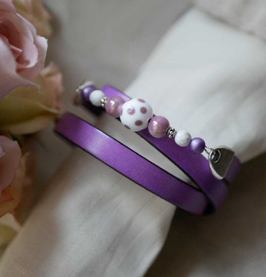 Leather bracelet woman and pearls Mauve triple to customize 