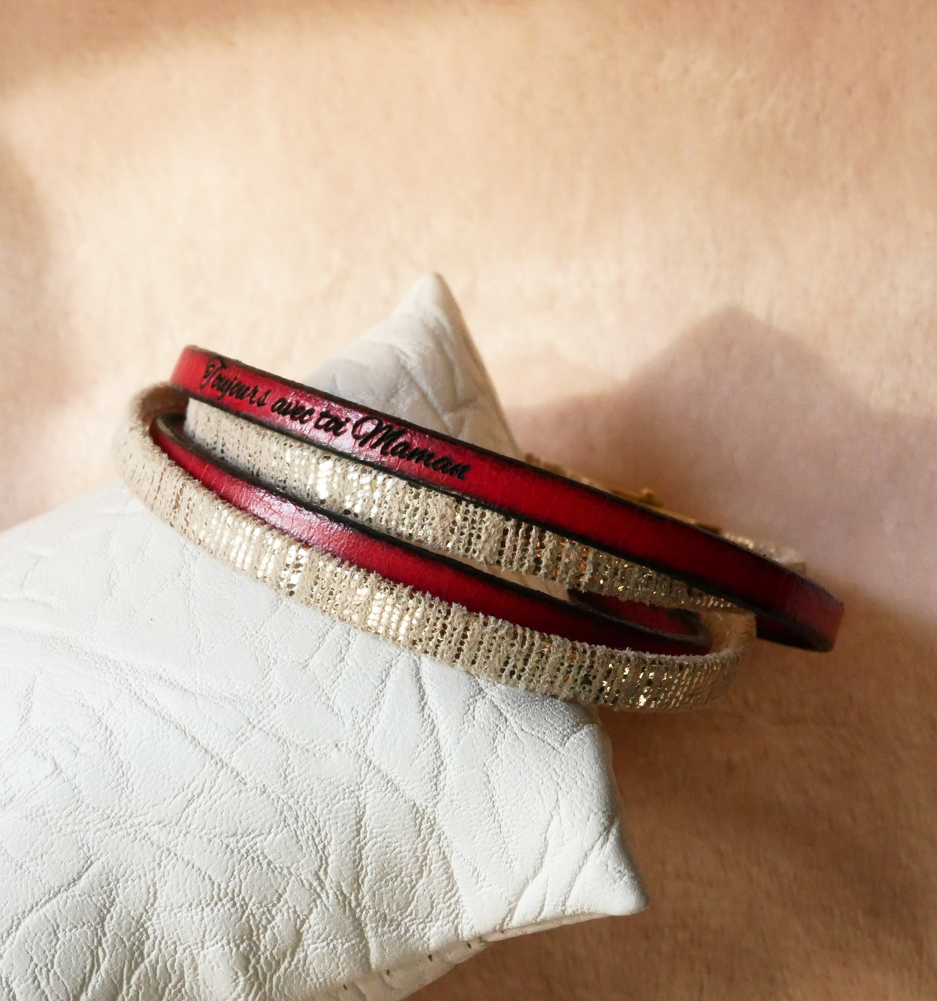 Double gold leather bracelet to personalize by engraving