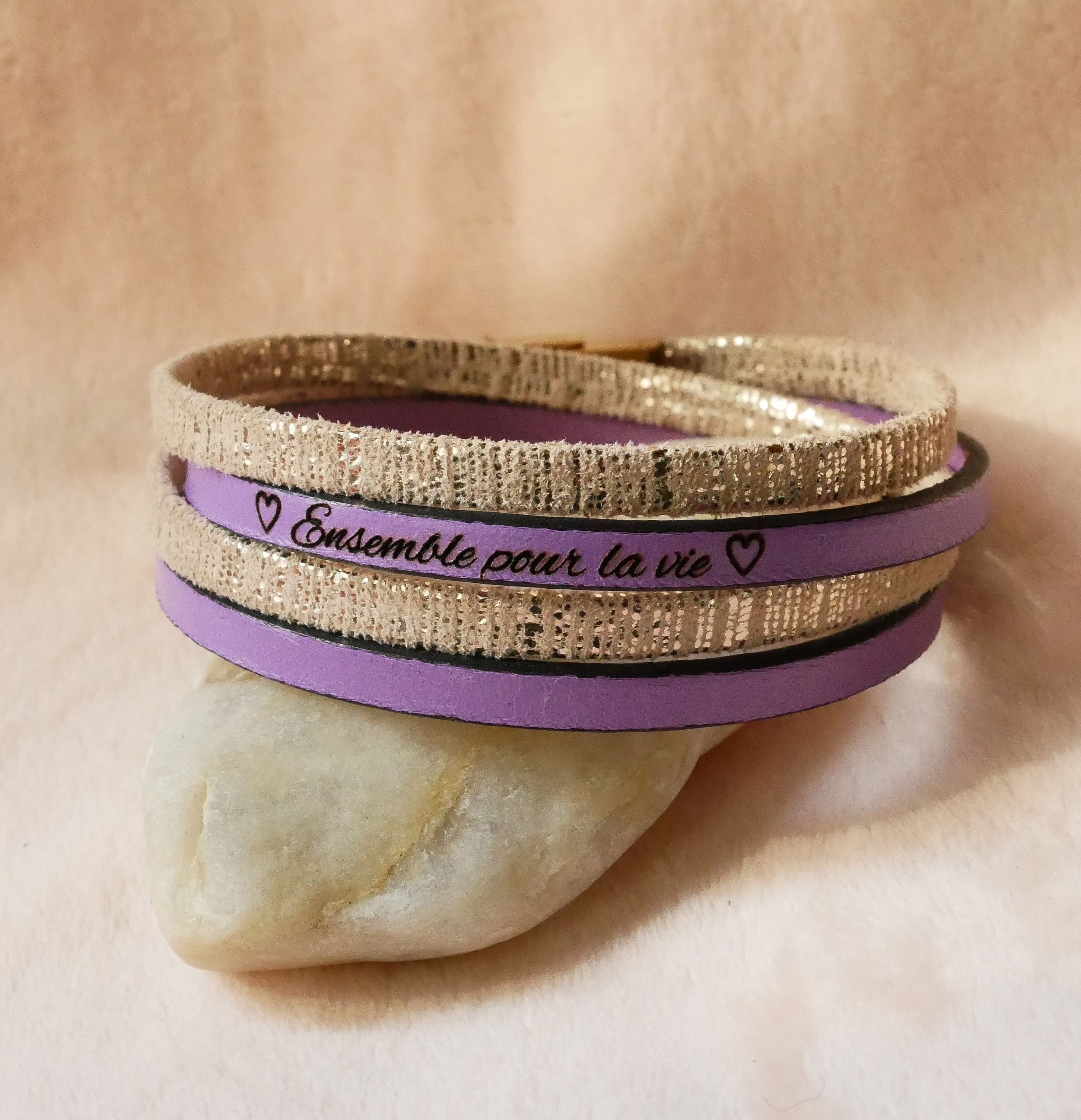 Double gold leather bracelet to personalize by engraving