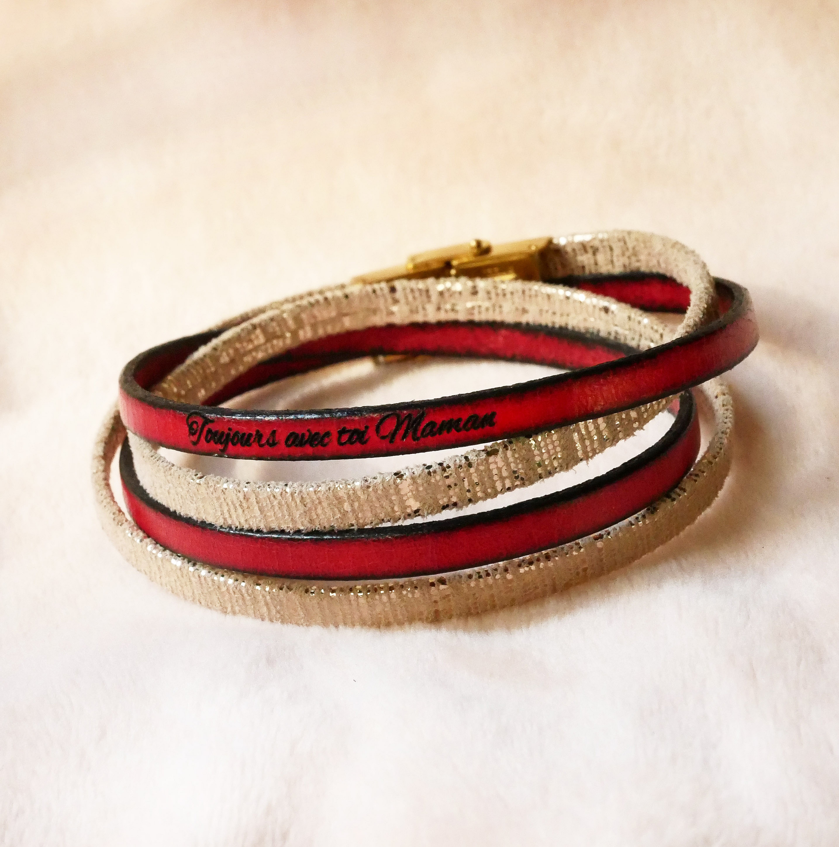 Double gold leather bracelet to personalize by engraving