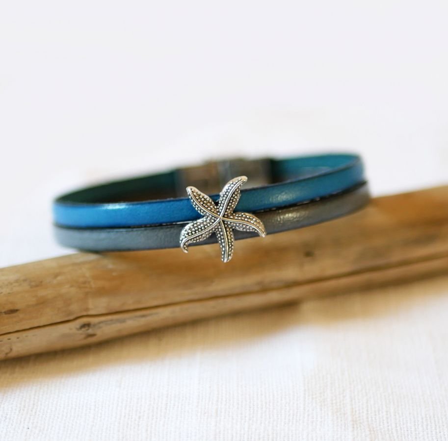 Bracelet for woman duo of leather and Etoile de mer customizable