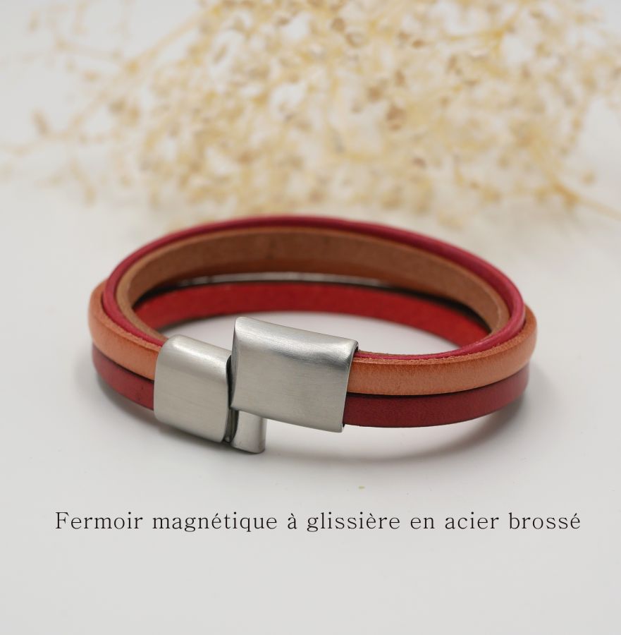 Multi-leather bracelet in red, peach, coral and beige cuff