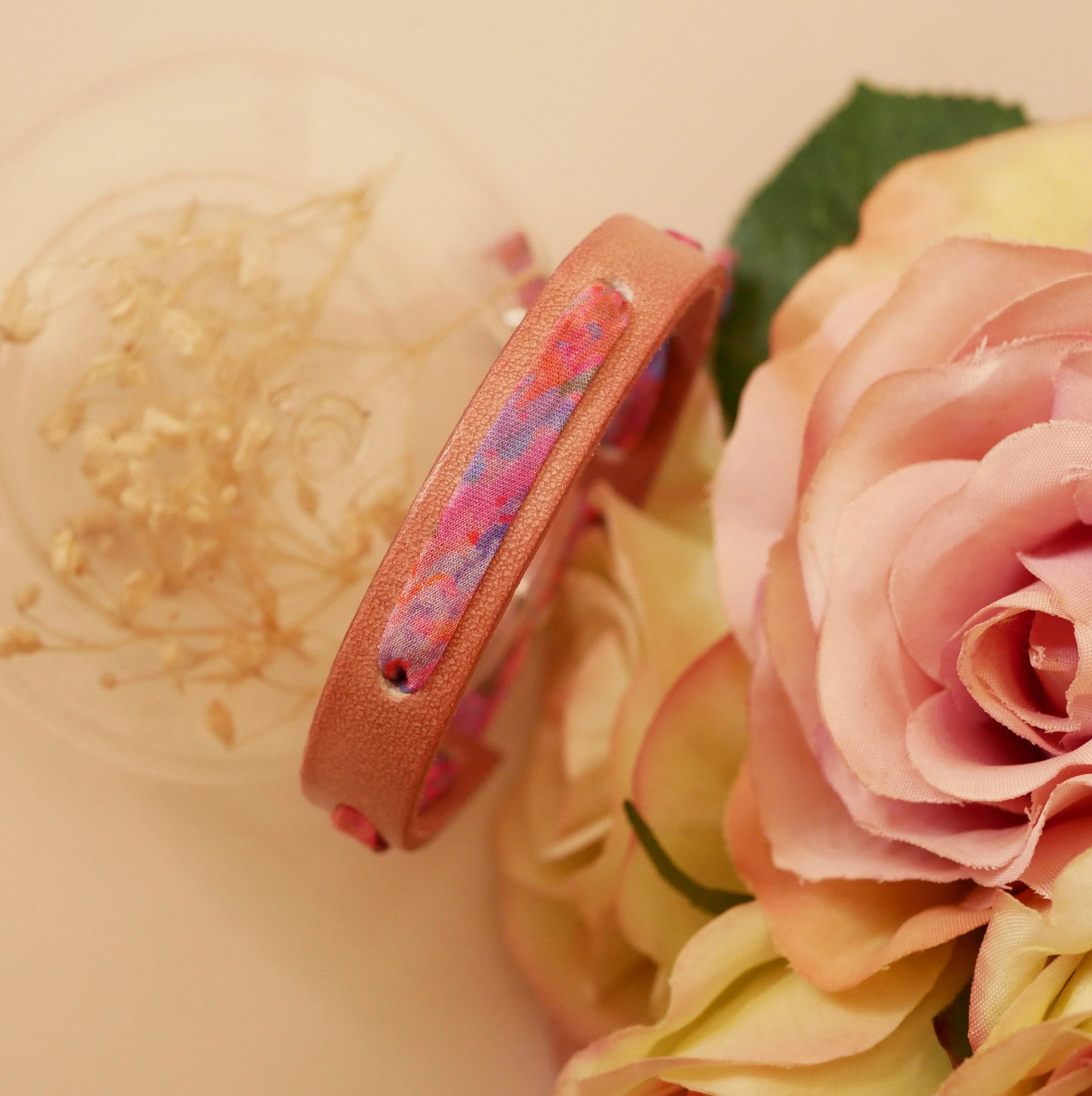 Florâme bracelet with liberty Polly ribbon on old pink leather