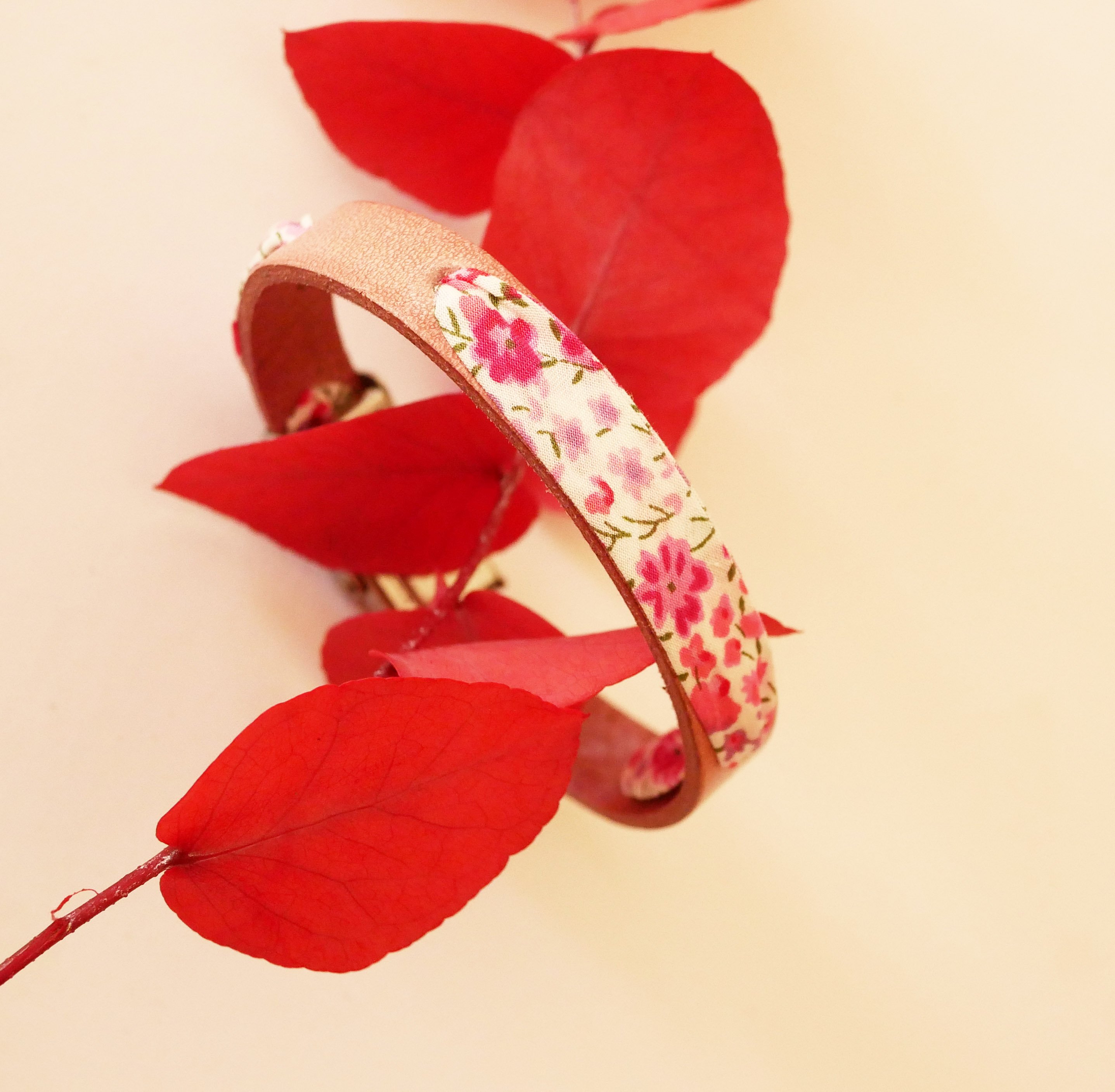 Flor&acirc;me bracelet with pink liberty ribbon flowers on aged pink leather