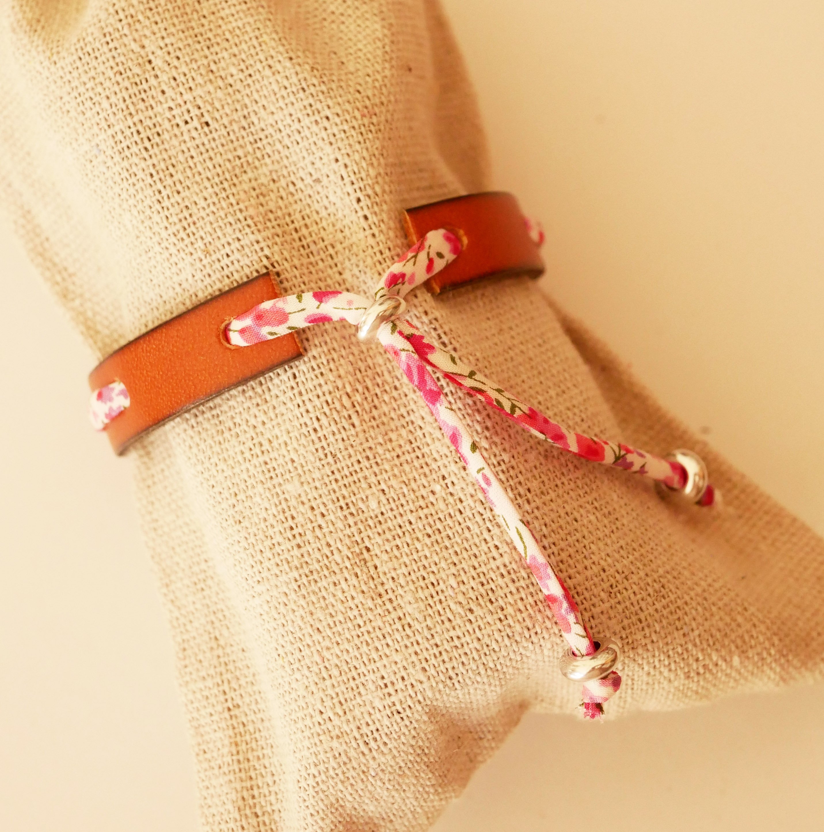 Flor&acirc;me bracelet with Phoebe Rose liberty ribbon on brown leather