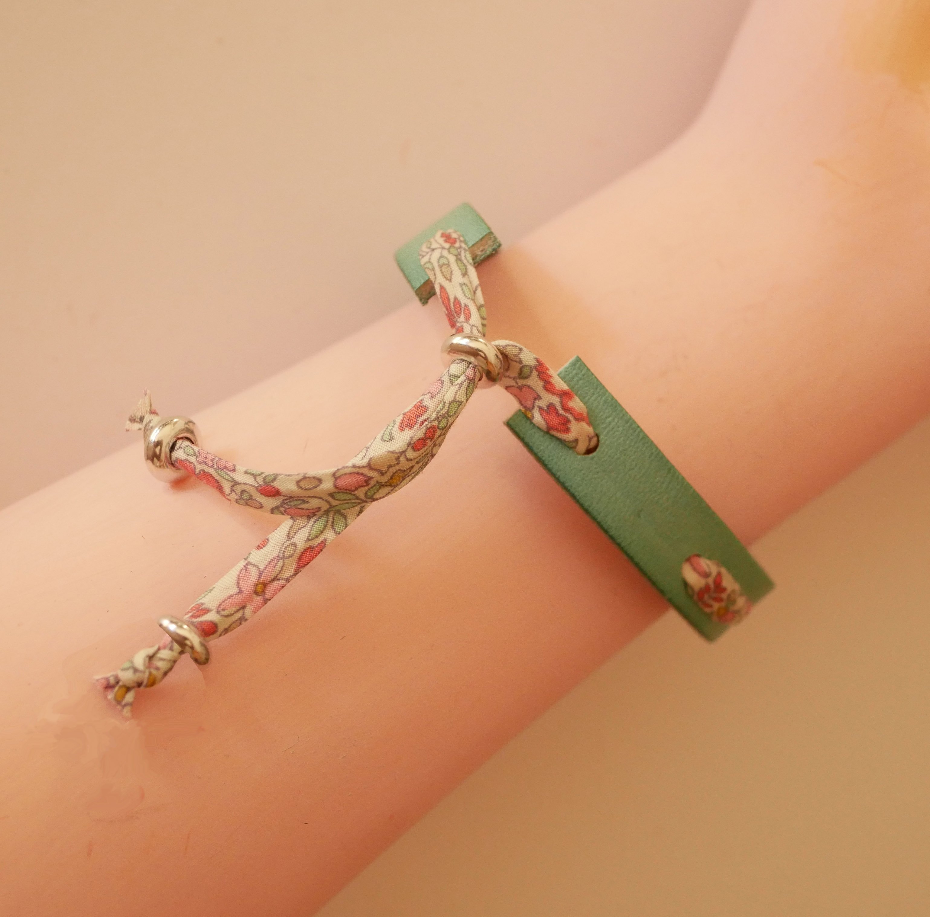 Flor&acirc;me bracelet with pastel liberty ribbon on celadon green leather