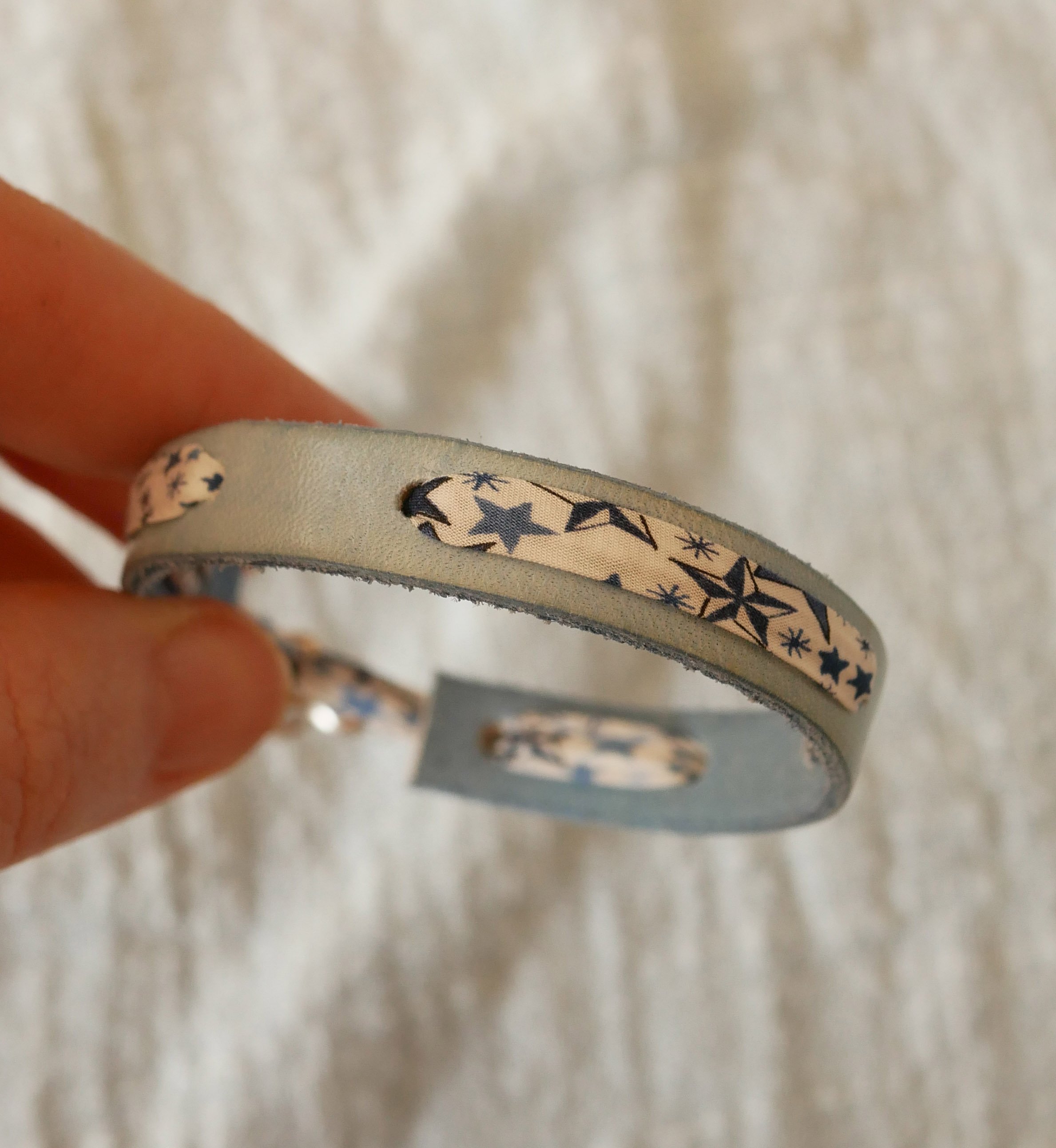 Flor&acirc;me bracelet with liberty ribbon blue stars on sky leather