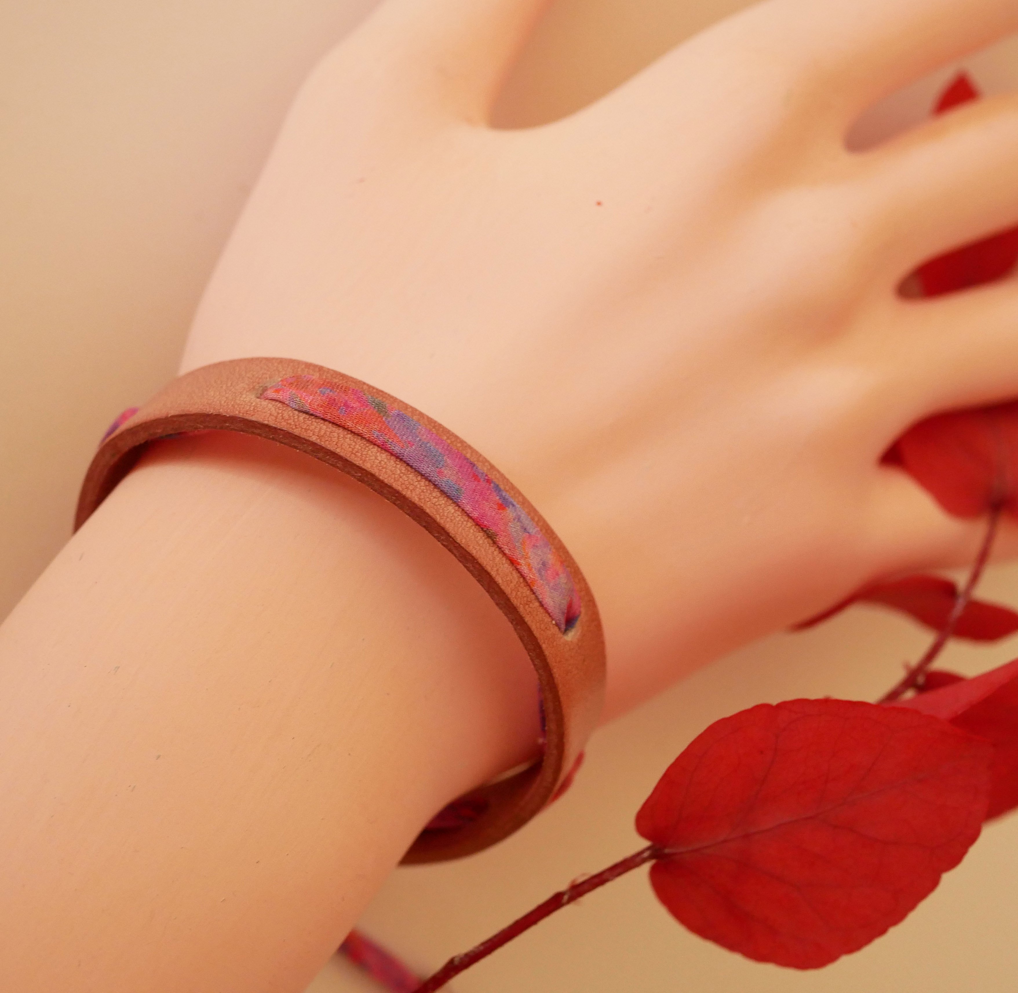 Florâme bracelet with liberty Polly ribbon on old pink leather