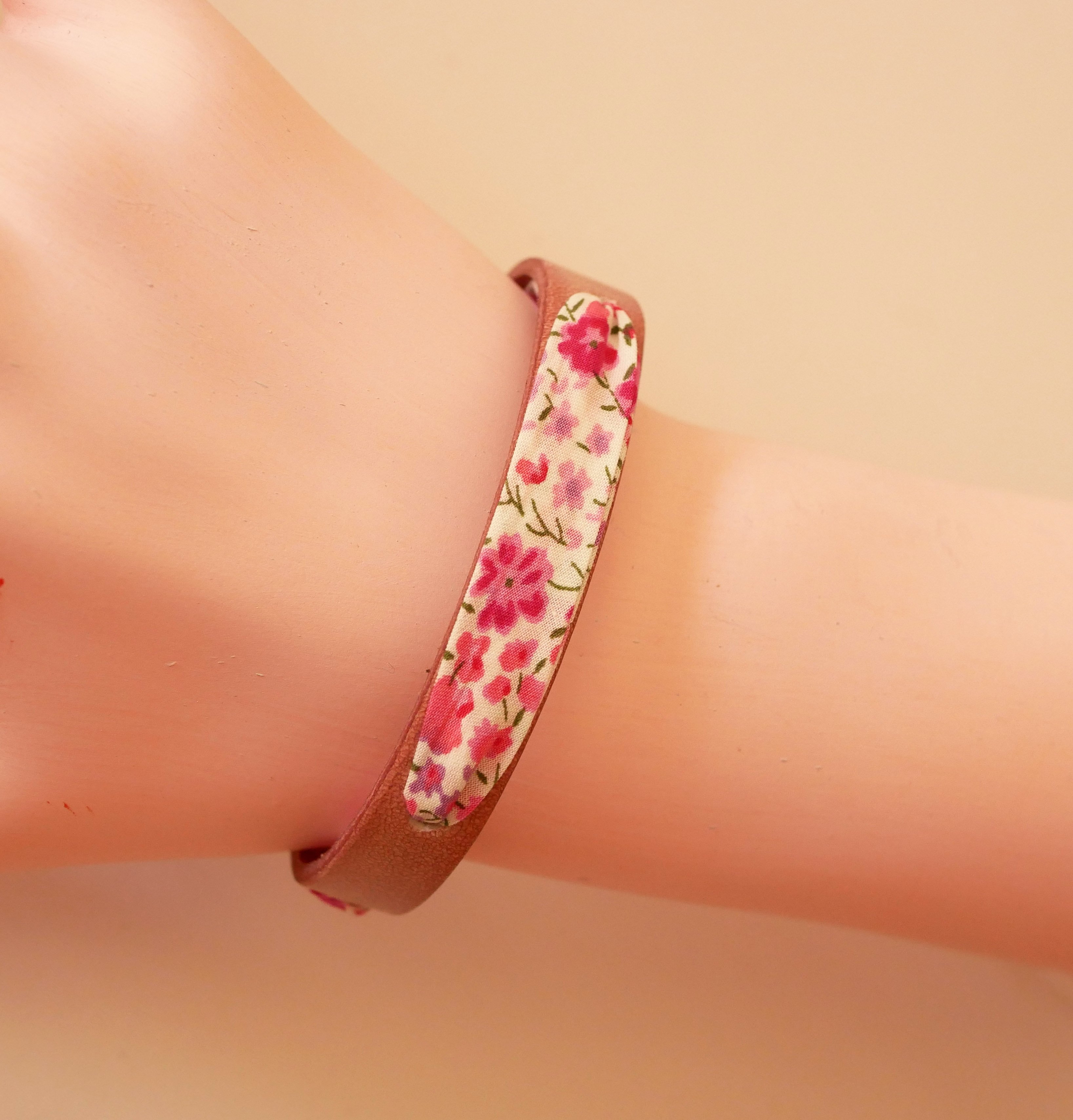 Flor&acirc;me bracelet with pink liberty ribbon flowers on aged pink leather