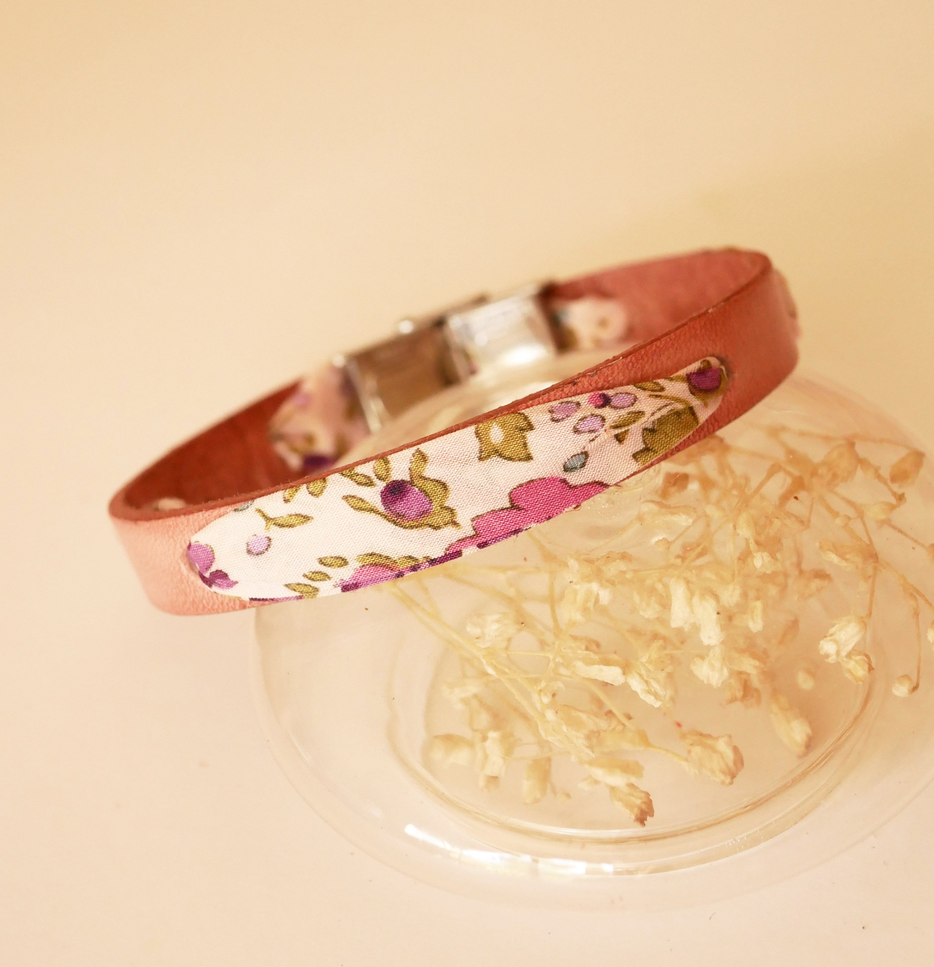 Flor&acirc;me bracelet with liberty ribbon, purple flowers on aged pink leather