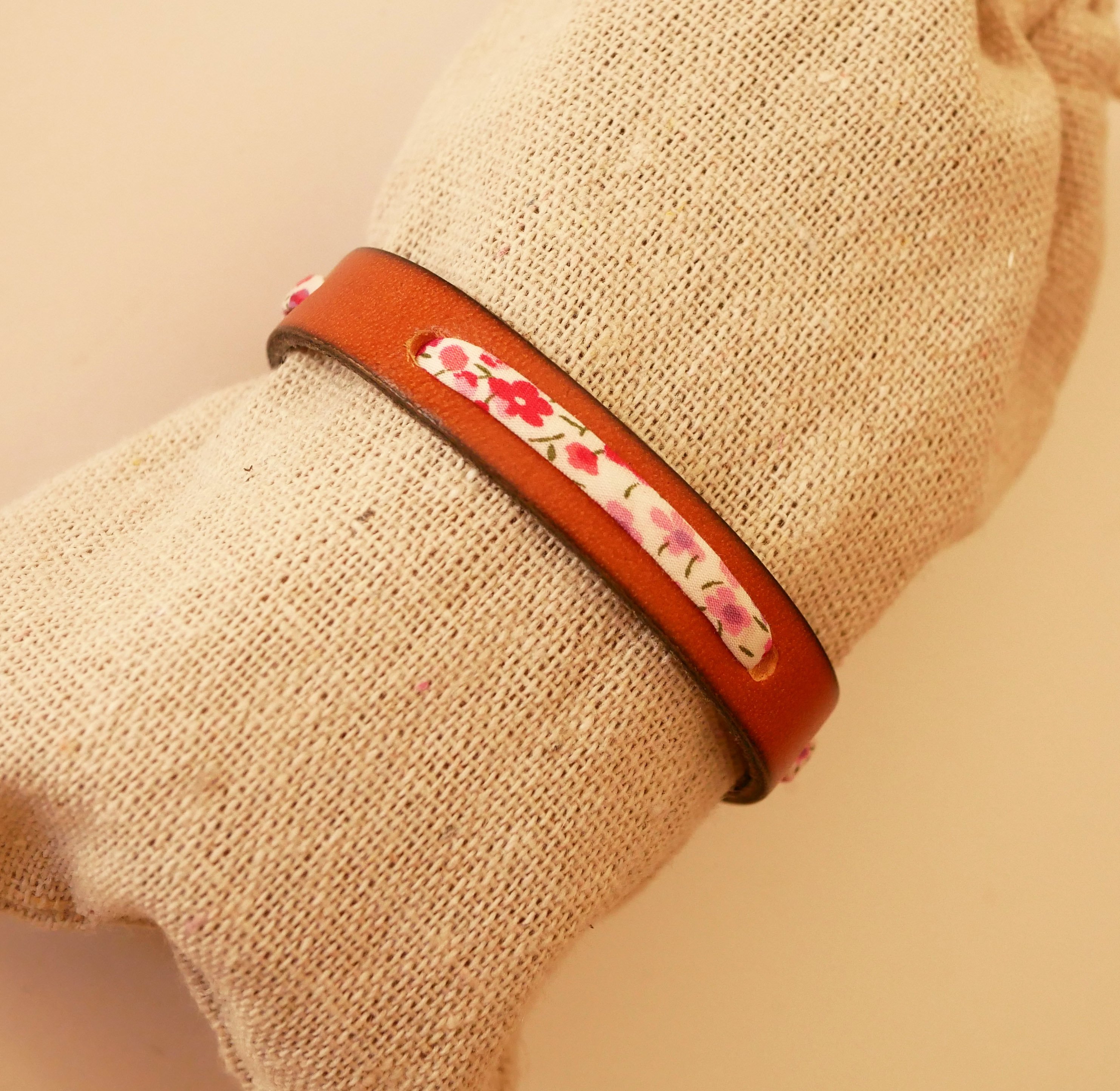 Flor&acirc;me bracelet with Phoebe Rose liberty ribbon on brown leather