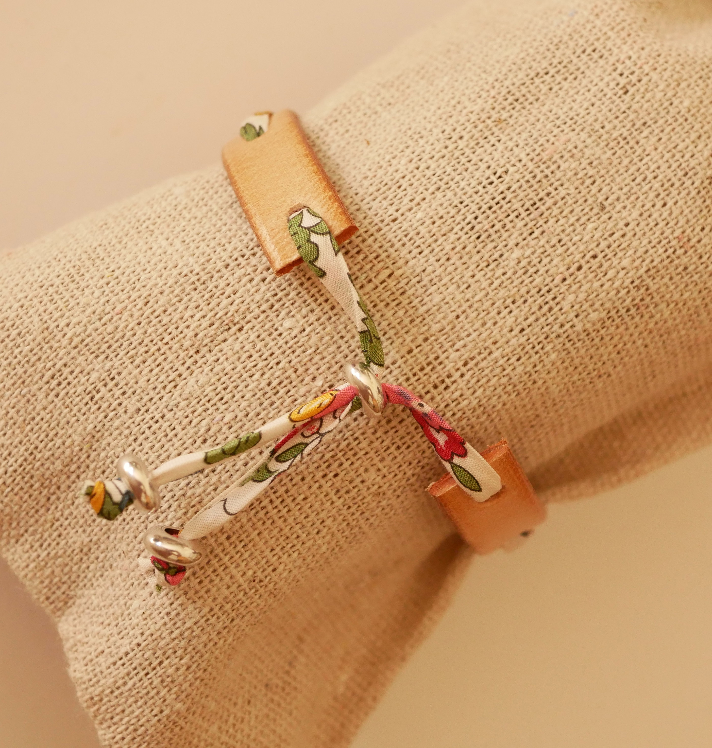 Florâme bracelet with strawberry liberty ribbon on natural leather