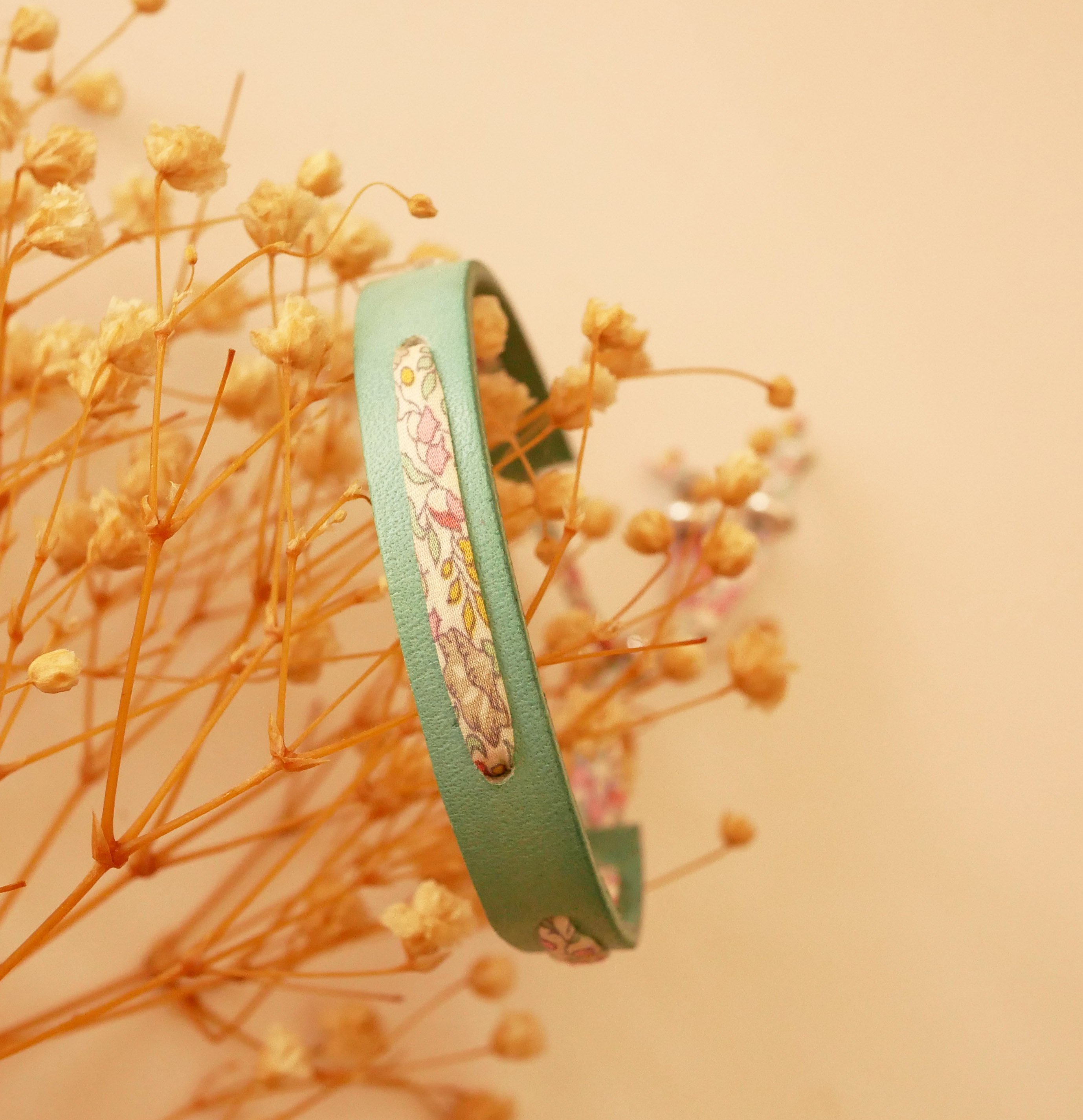 Flor&acirc;me bracelet with pastel liberty ribbon on celadon green leather