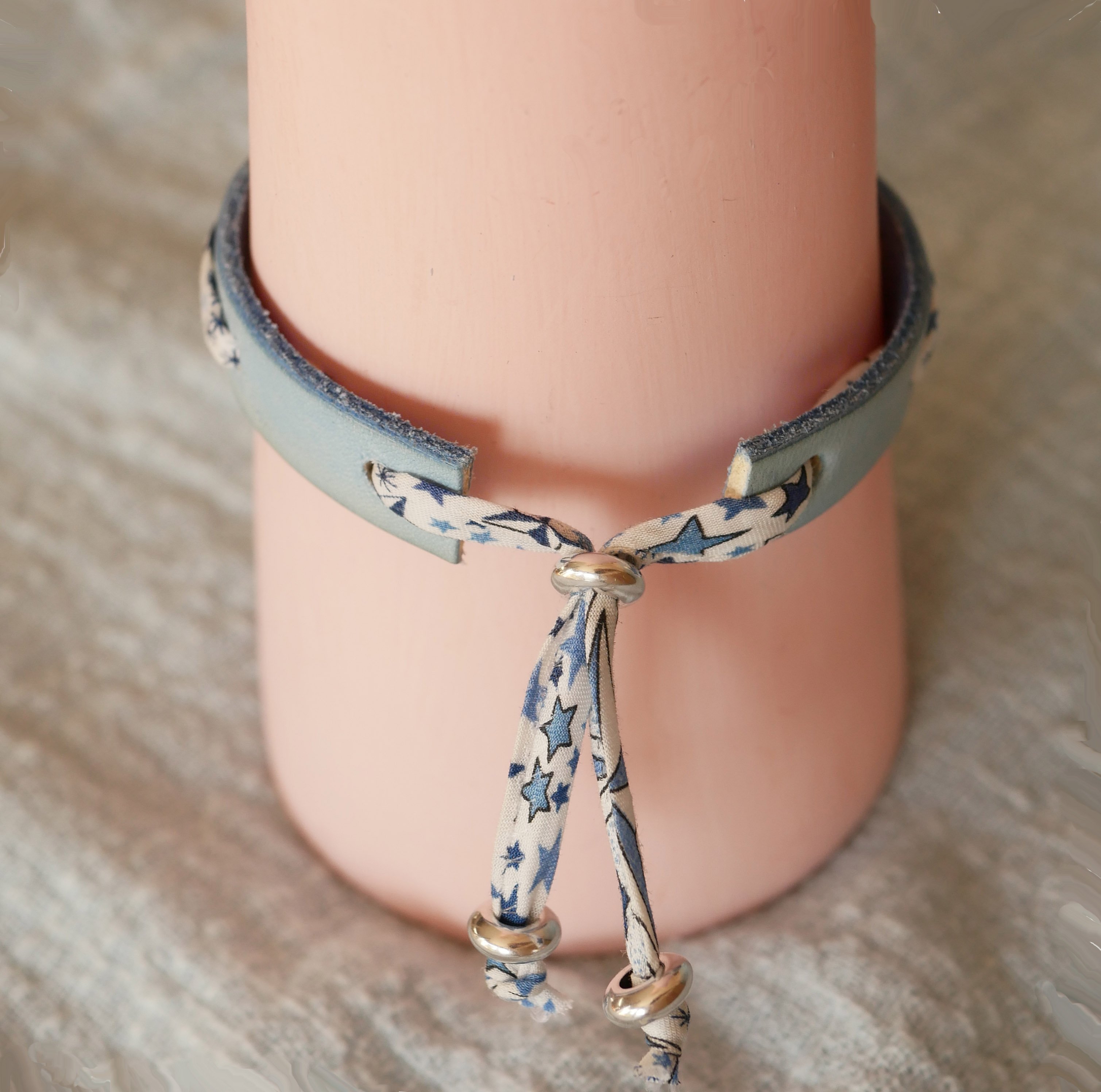 Flor&acirc;me bracelet with liberty ribbon blue stars on sky leather