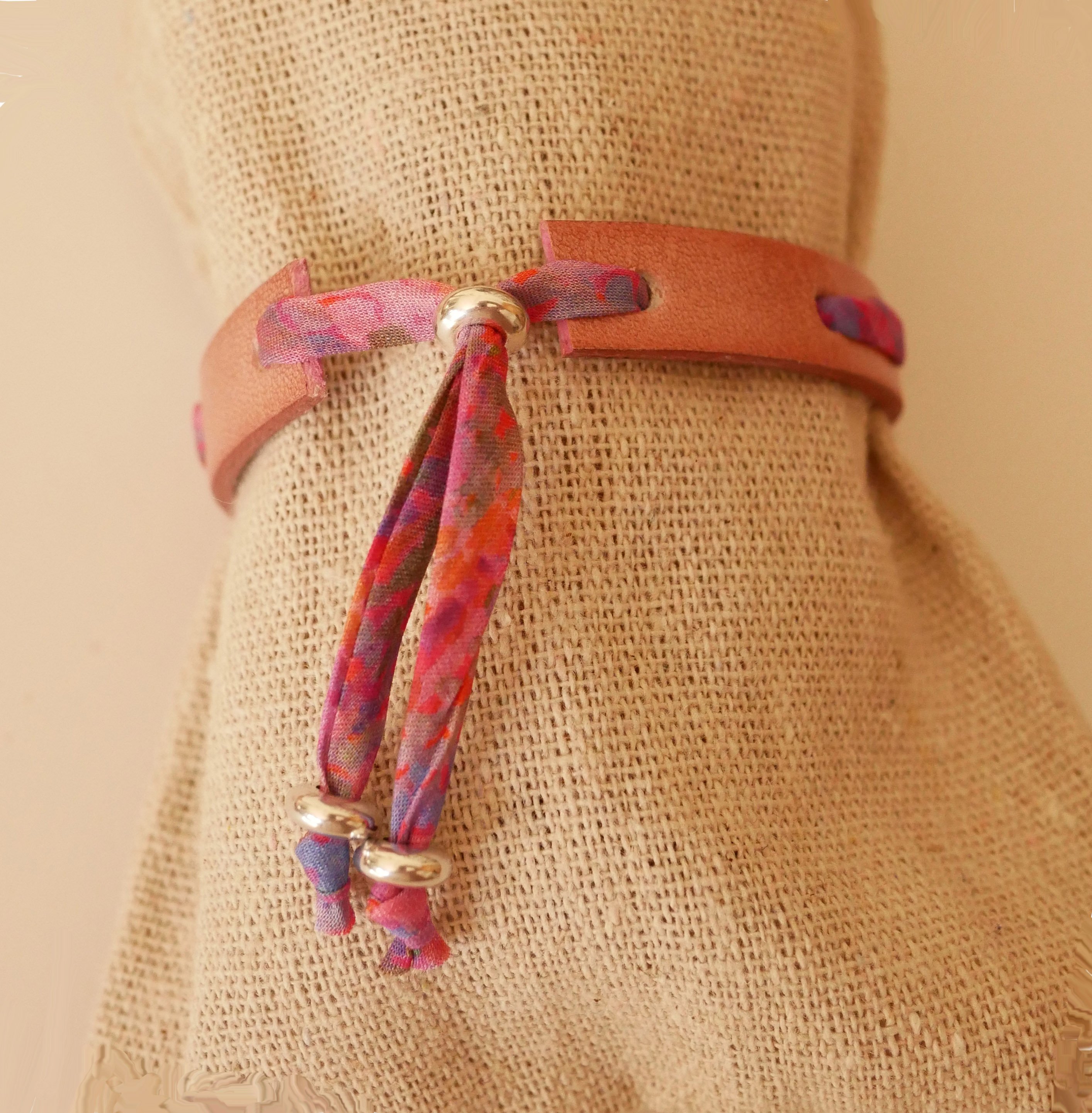 Florâme bracelet with liberty Polly ribbon on old pink leather