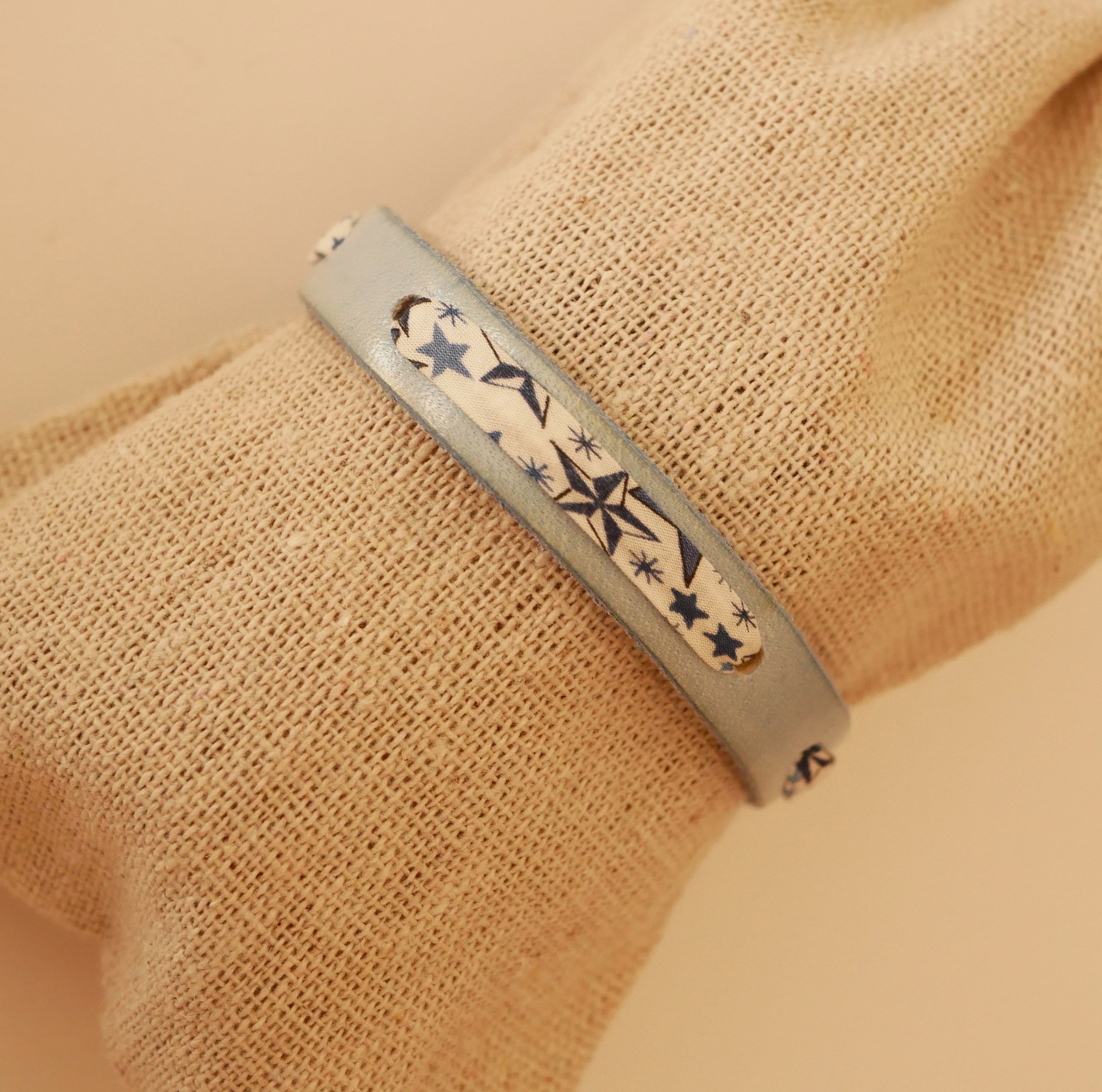 Flor&acirc;me bracelet with liberty ribbon blue stars on sky leather