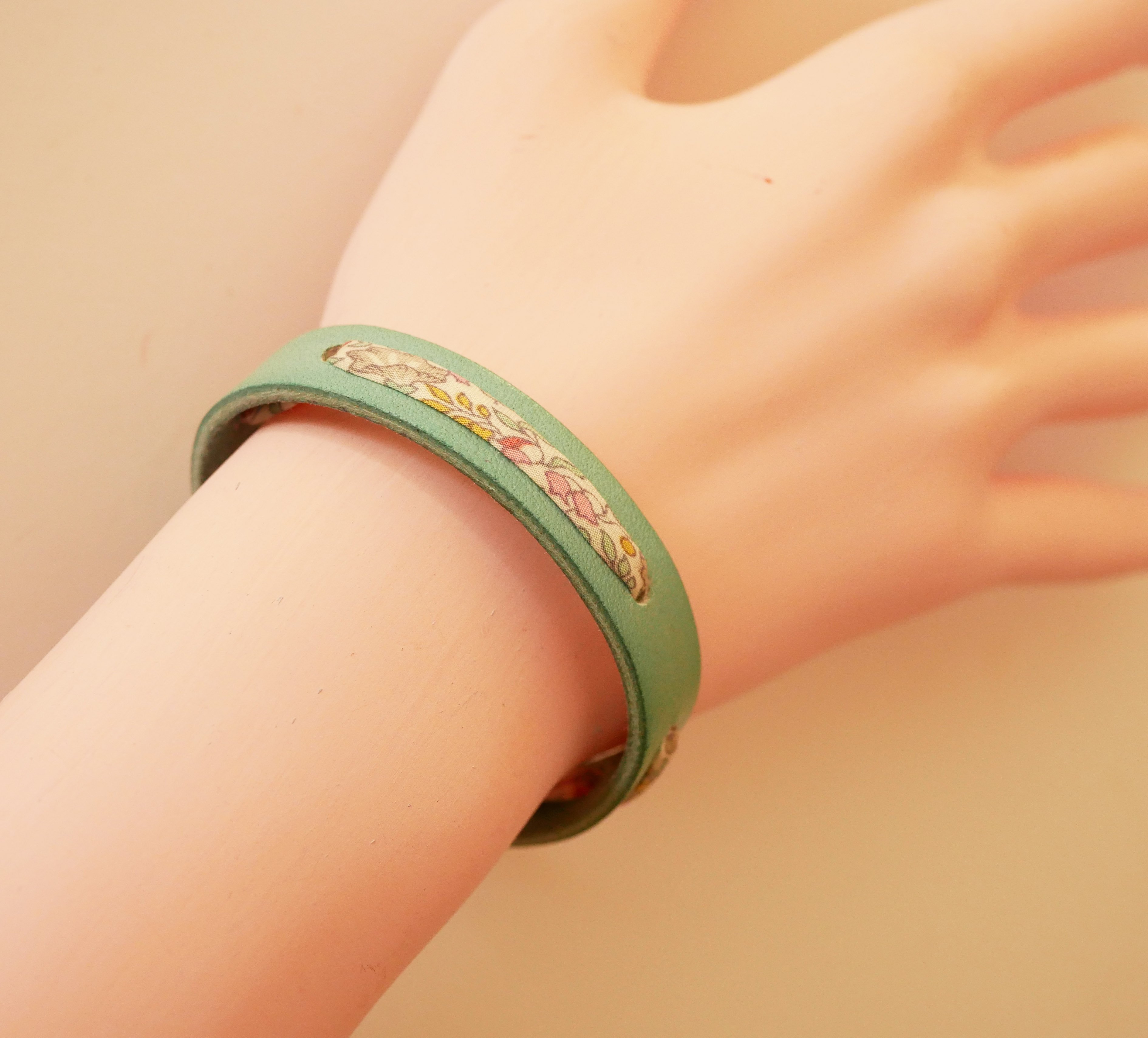 Flor&acirc;me bracelet with pastel liberty ribbon on celadon green leather
