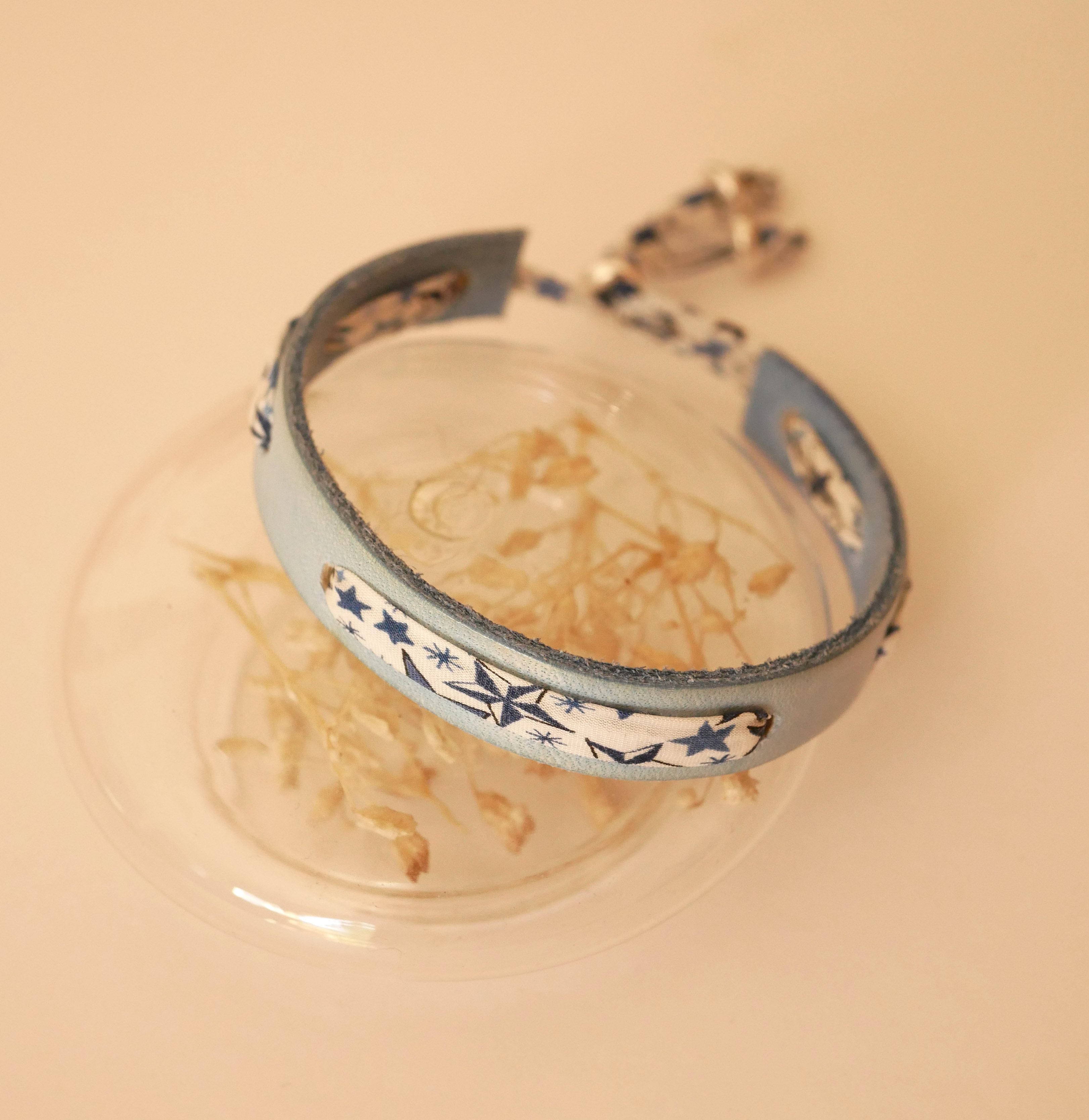 Flor&acirc;me bracelet with liberty ribbon blue stars on sky leather