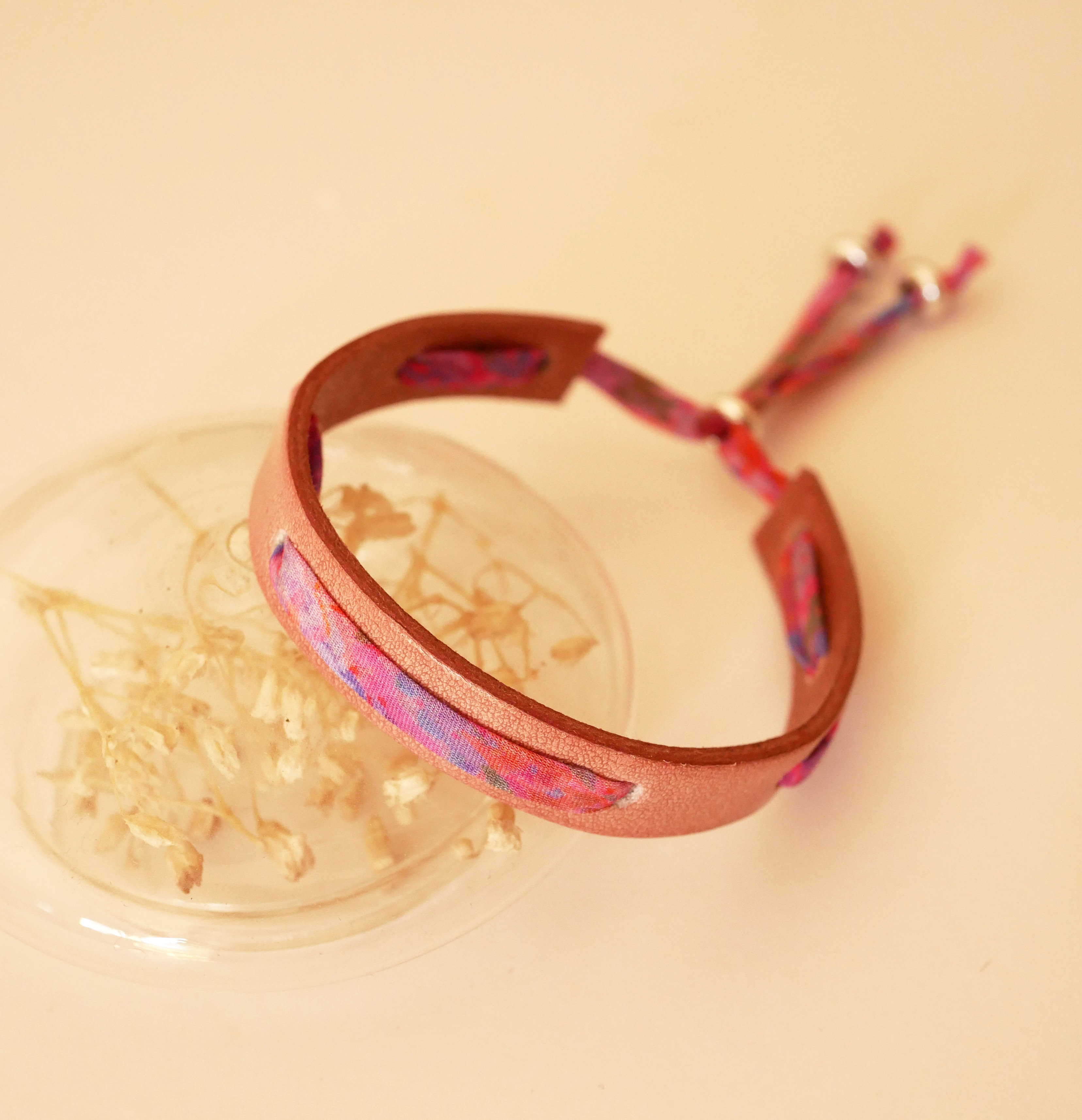 Florâme bracelet with liberty Polly ribbon on old pink leather