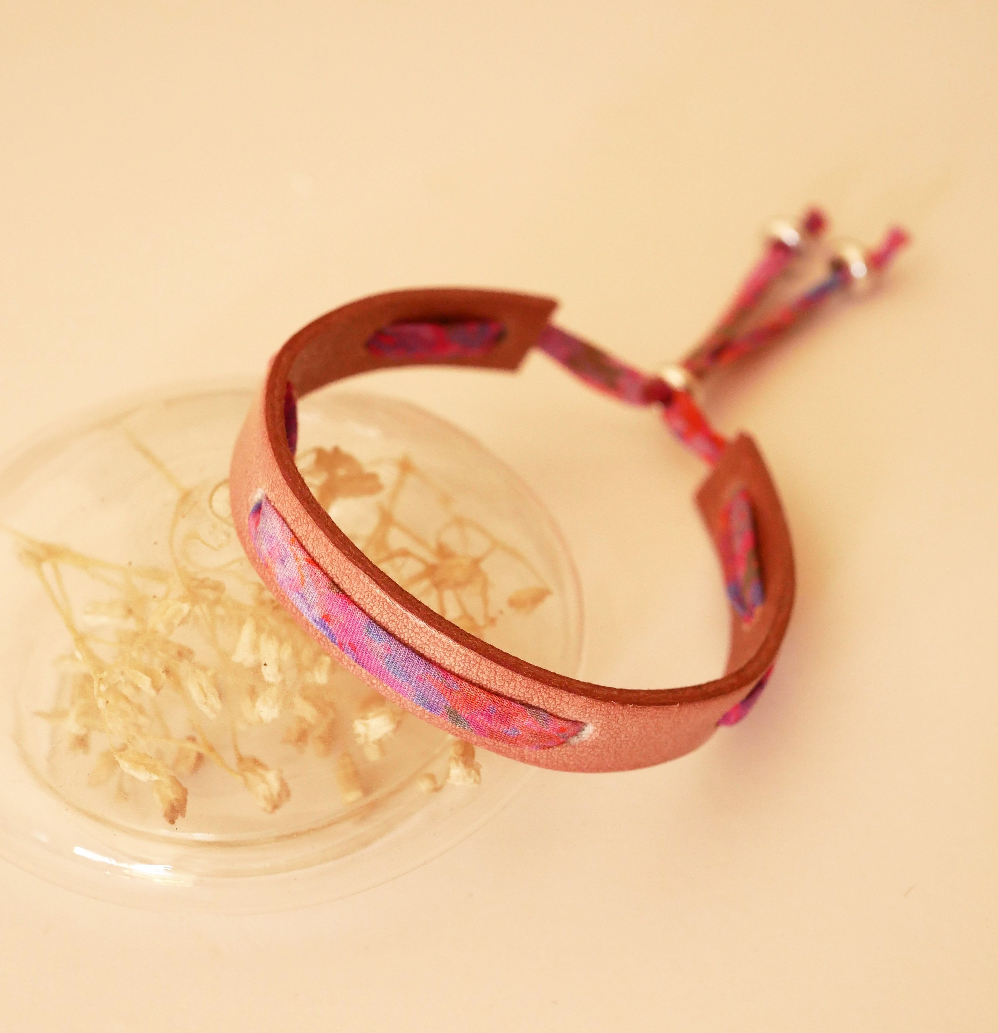 Florâme bracelet with liberty Polly ribbon on old pink leather