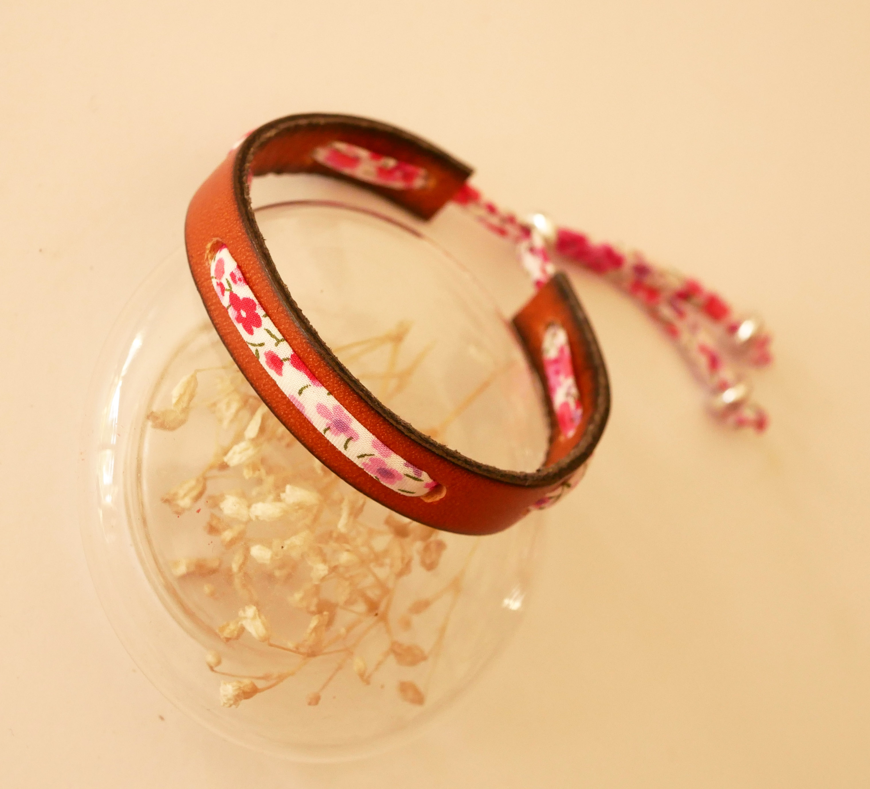 Florâme bracelet with Phoebe Rose liberty ribbon on brown leather