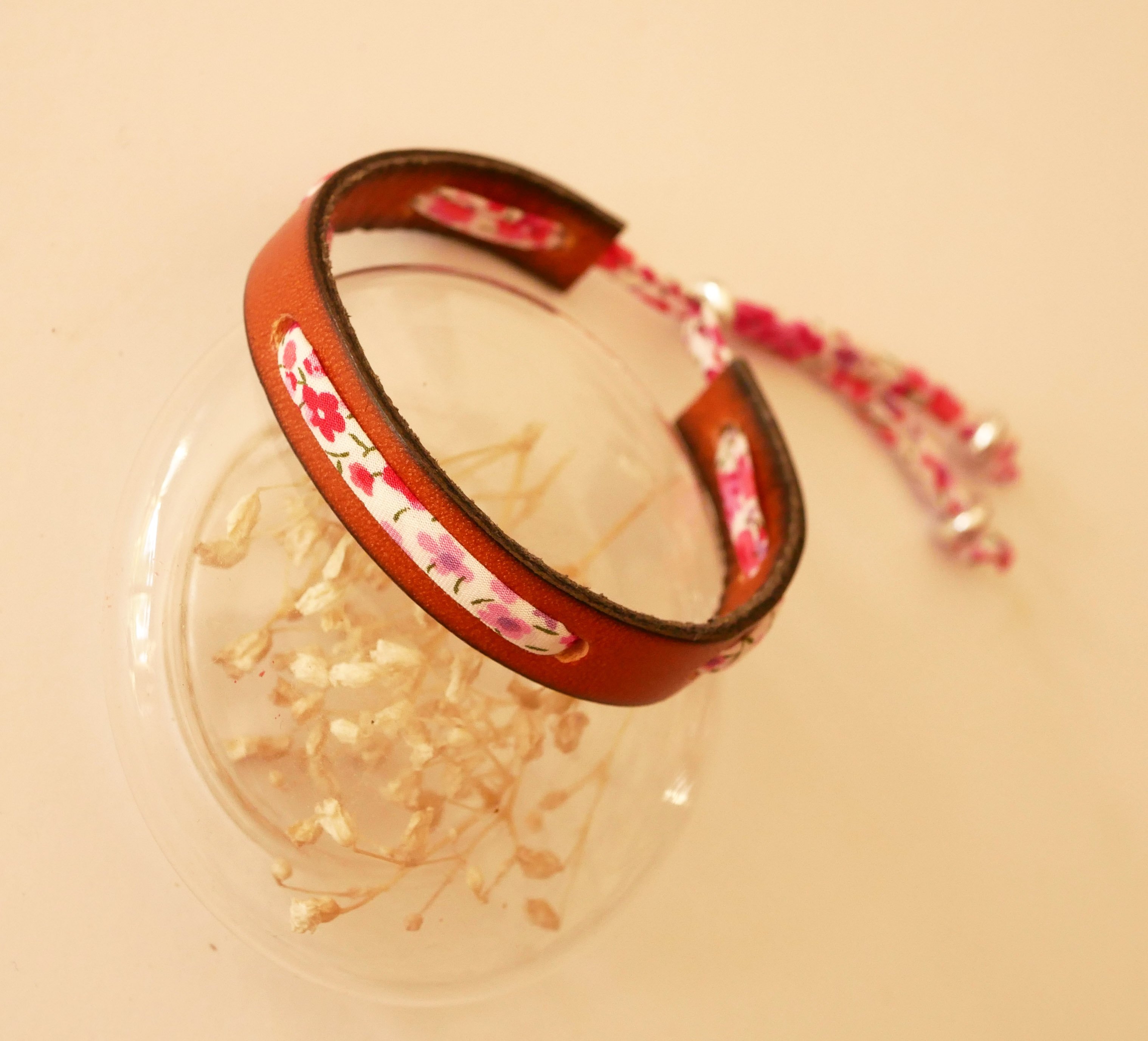 Flor&acirc;me bracelet with Phoebe Rose liberty ribbon on brown leather