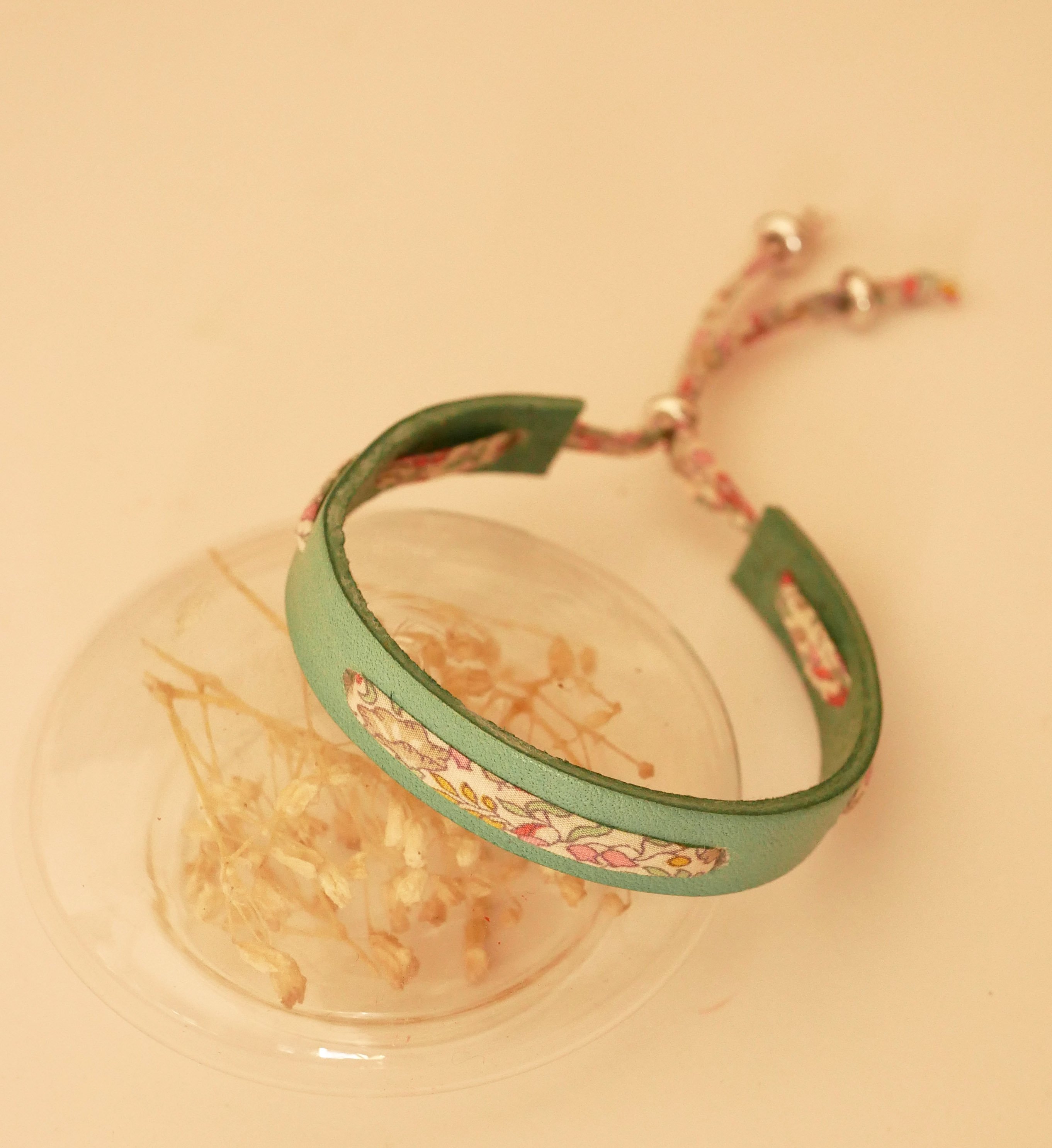 Flor&acirc;me bracelet with pastel liberty ribbon on celadon green leather