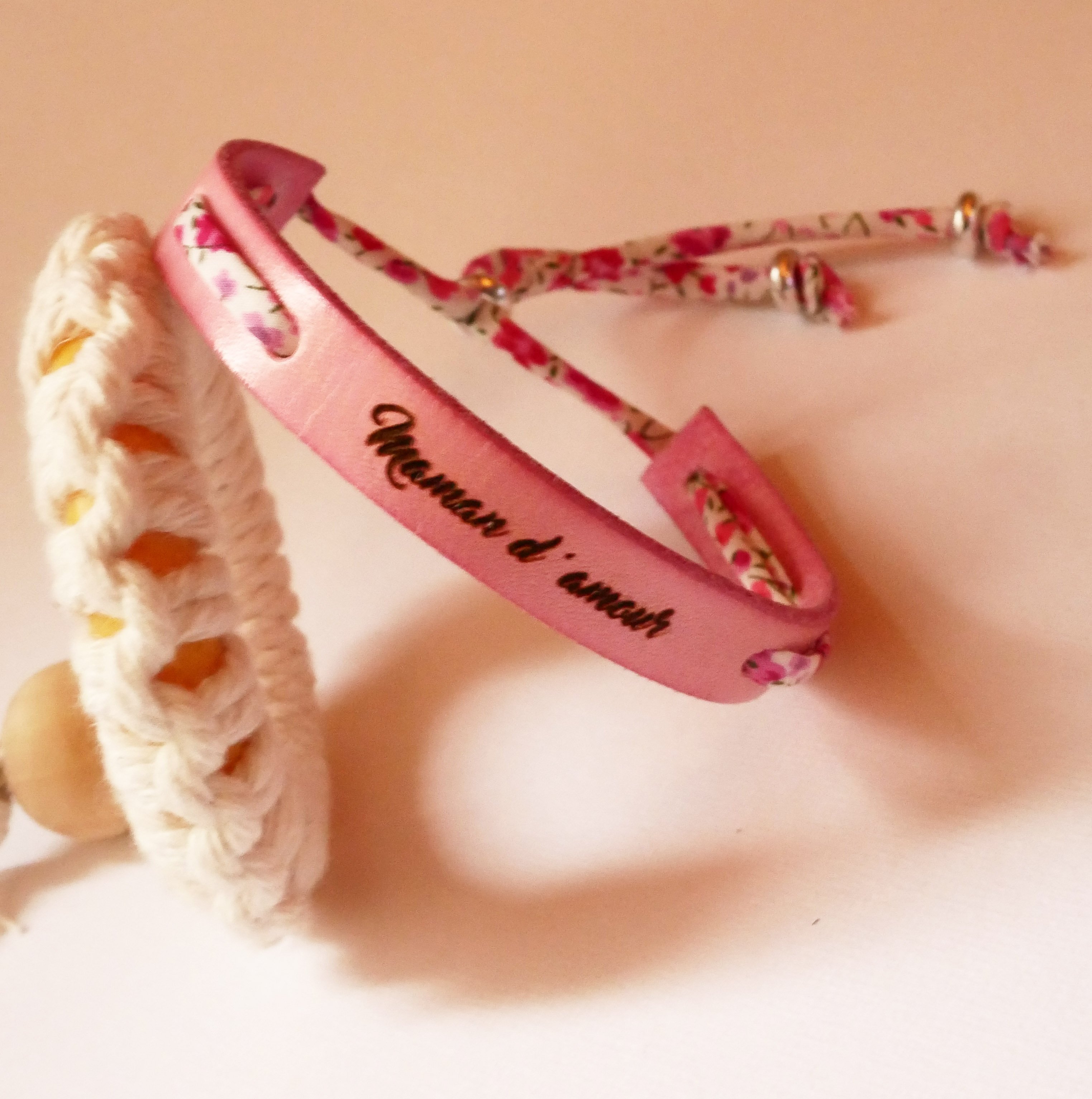 Flor&acirc;me bracelet to personalize with liberty cord and choice of leather to engrave