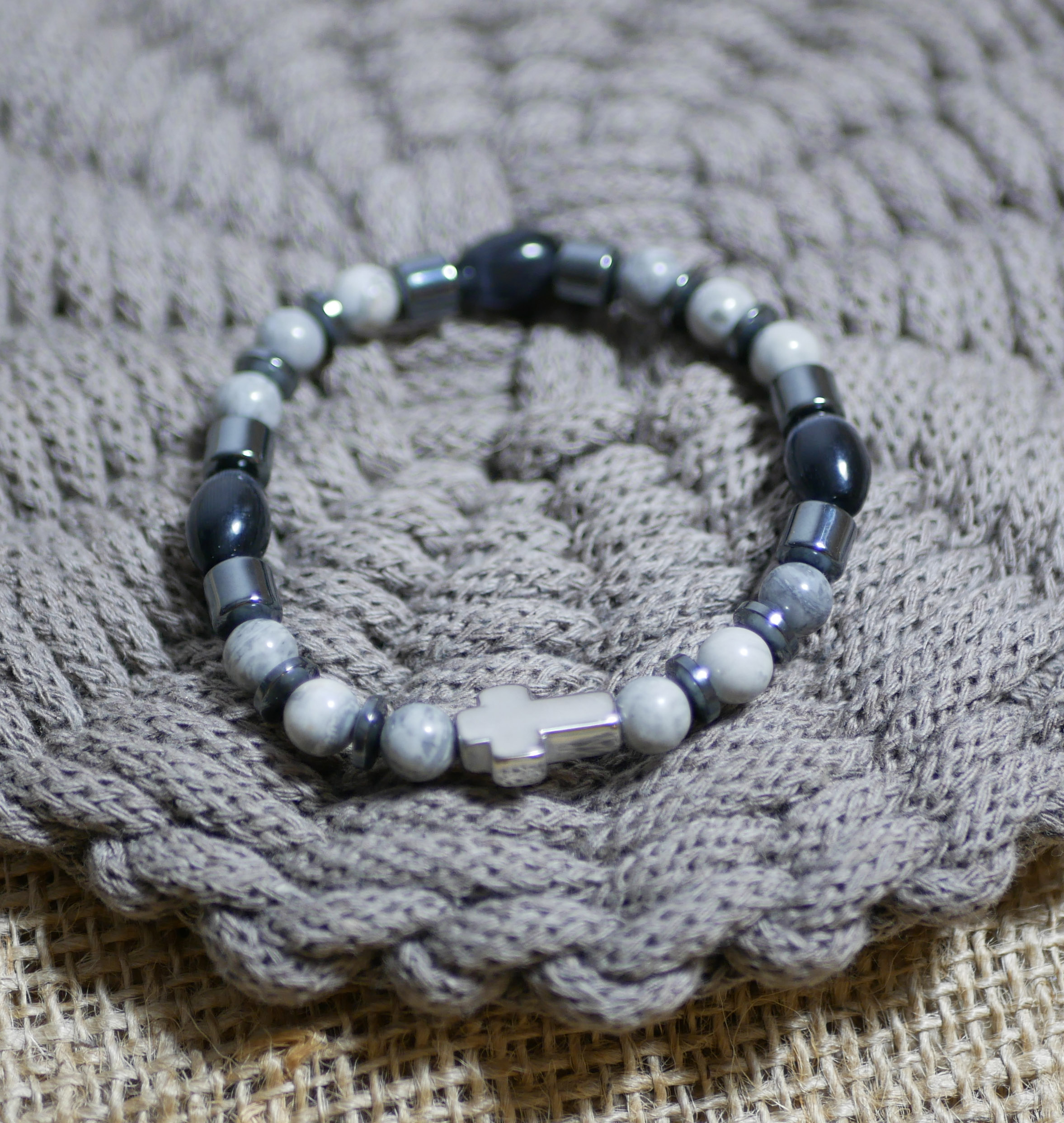 Men's cross bracelet with hematite and grey beads