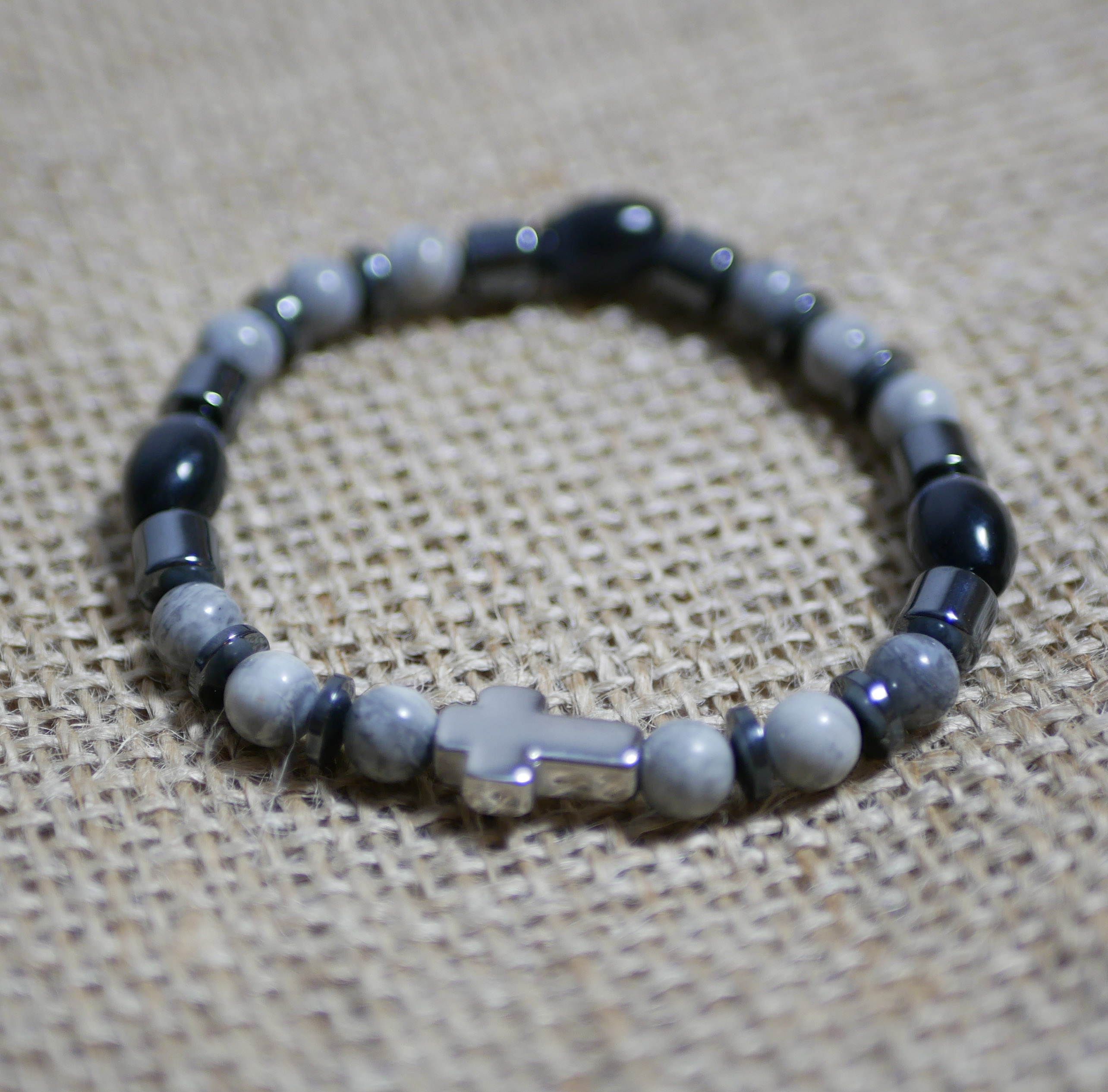 Men's cross bracelet with hematite and grey beads