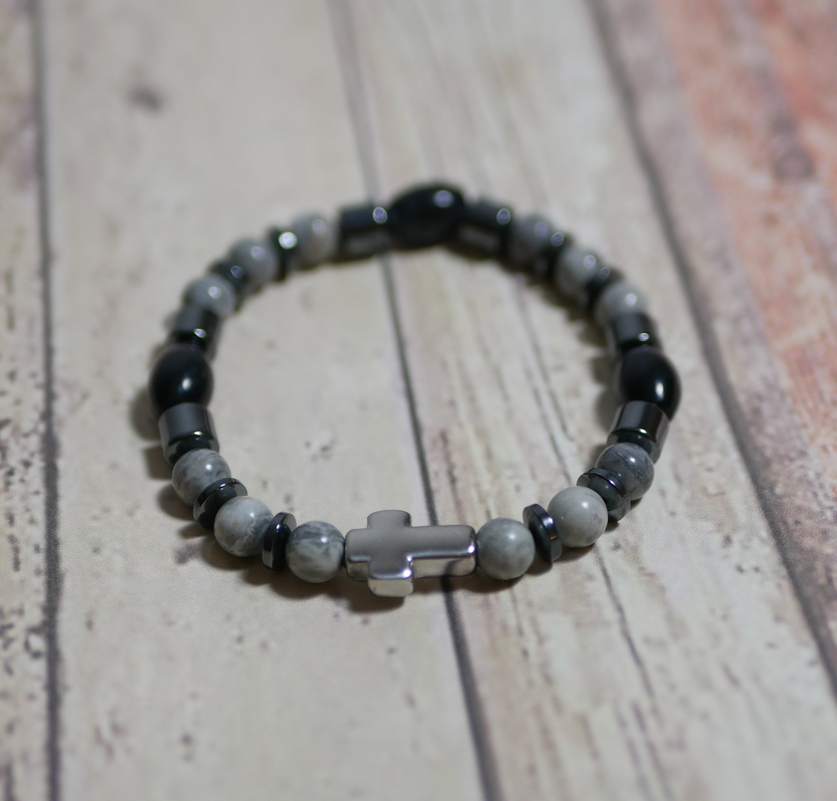 Men's cross bracelet with hematite and grey beads