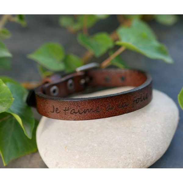 Men's bracelet engraved leather dark brown silver buckle to customize