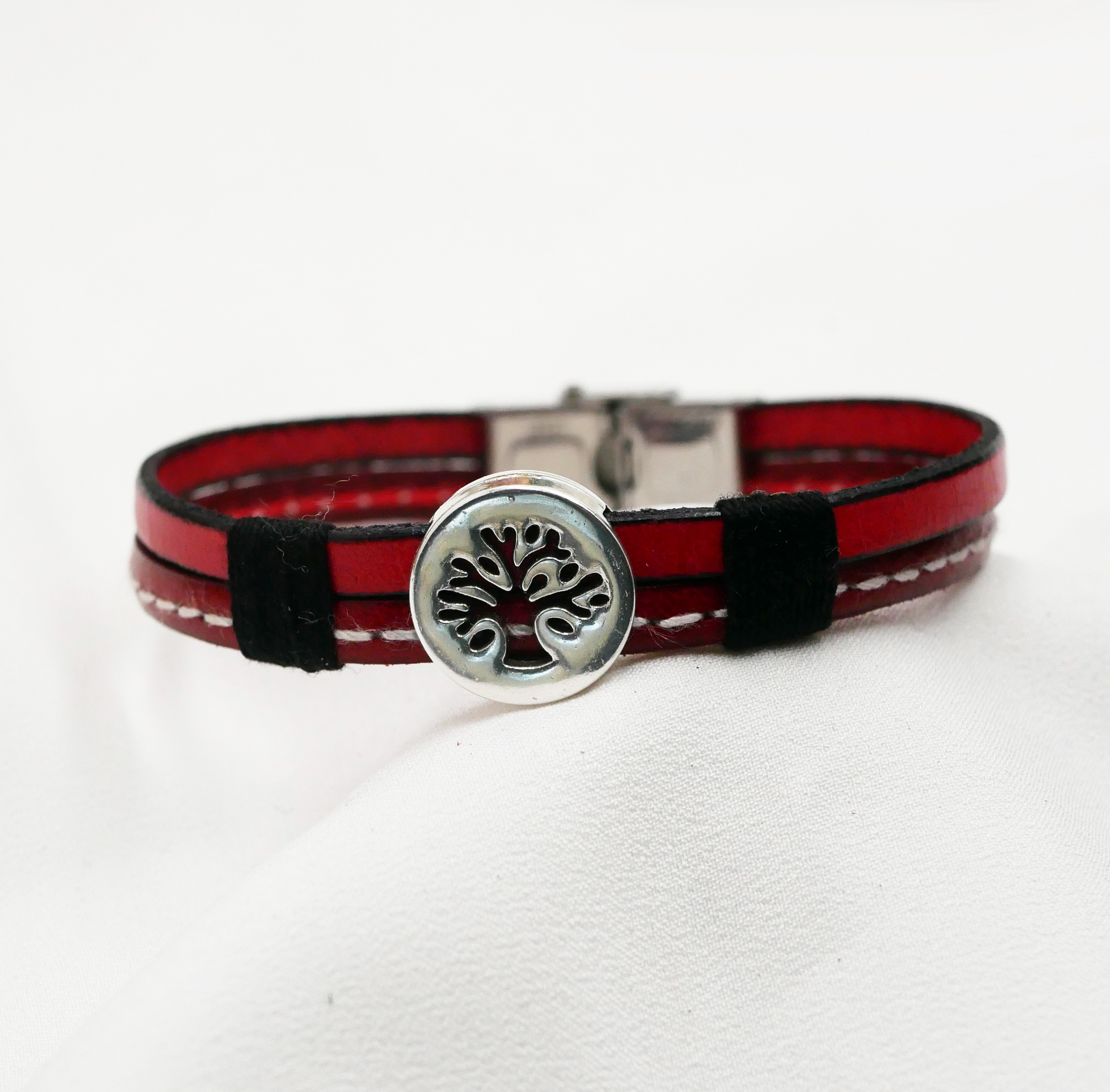 Men's bracelet in red leather duo with stitching Customizable tree of life 