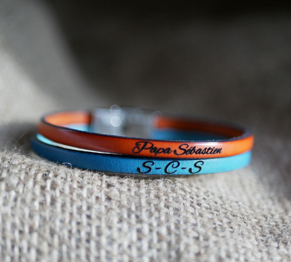 Men's bracelet in leather duo customizable by engraving