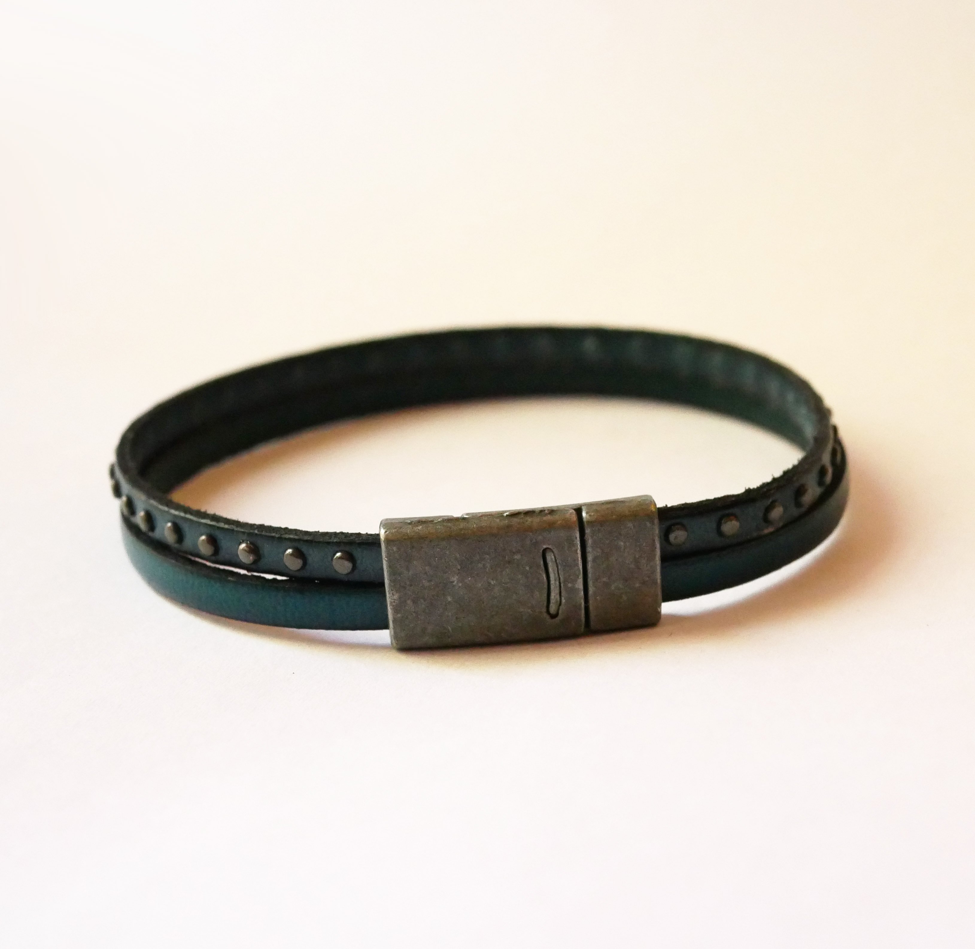 Men's blue leather duo bracelet with studs