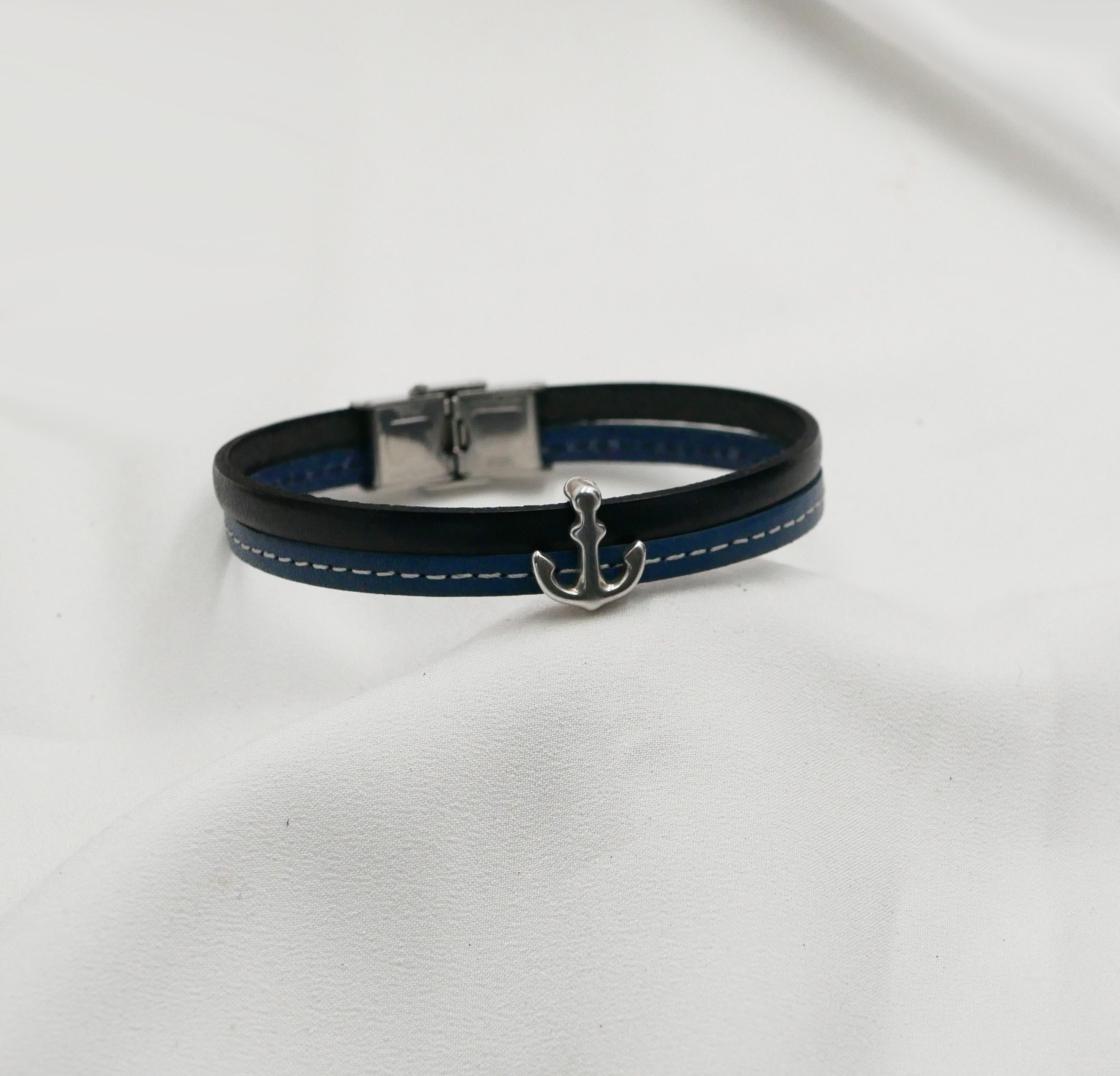 Men's bracelet in blue leather duo with stitching Customizable navy anchor 