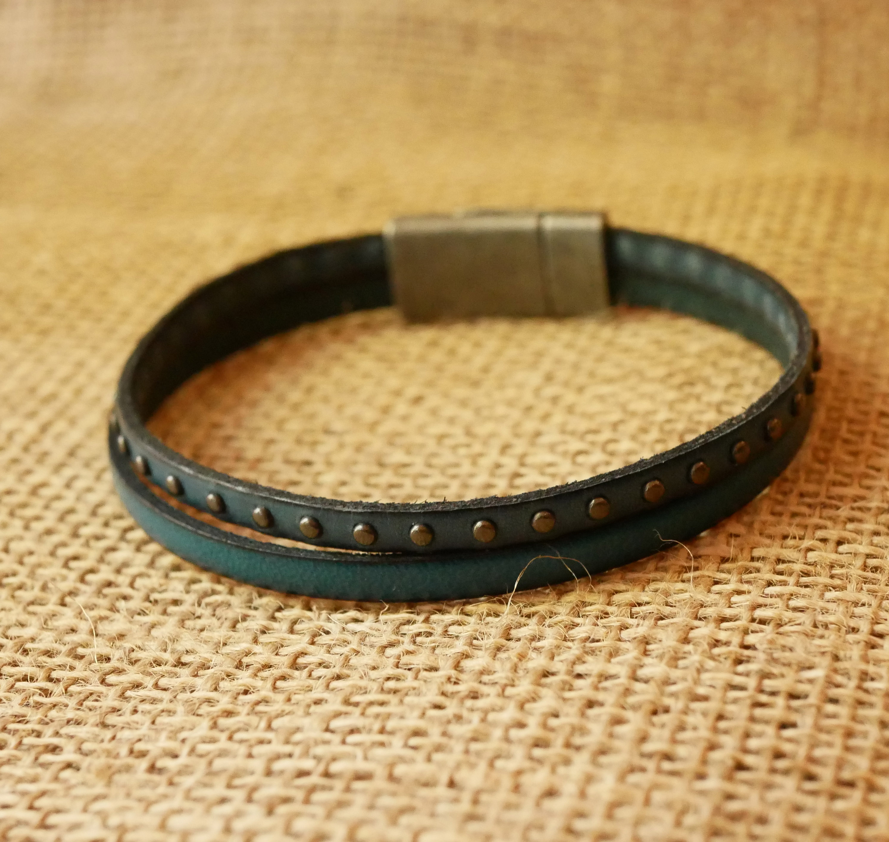 Men's blue leather duo bracelet with studs