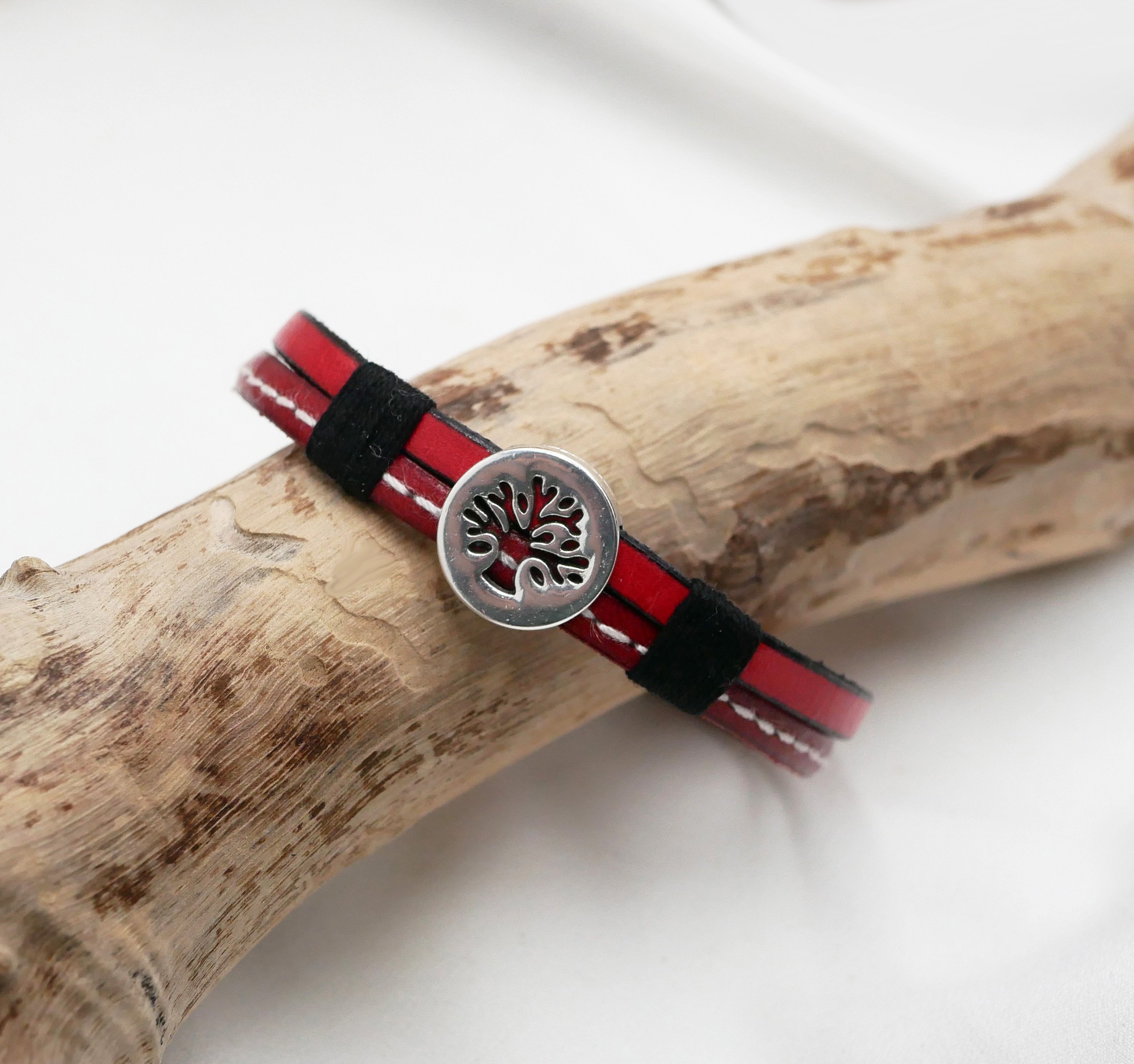 Men's bracelet in red leather duo with stitching Customizable tree of life 