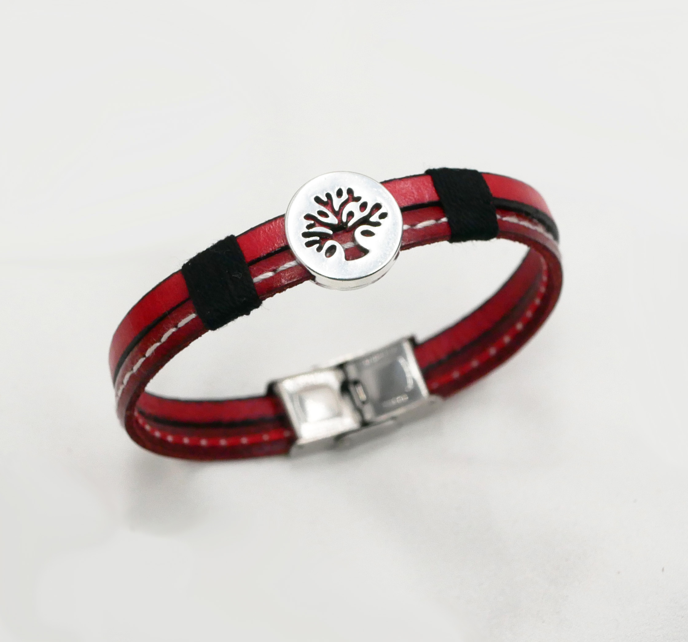 Men's bracelet in red leather duo with stitching Customizable tree of life 