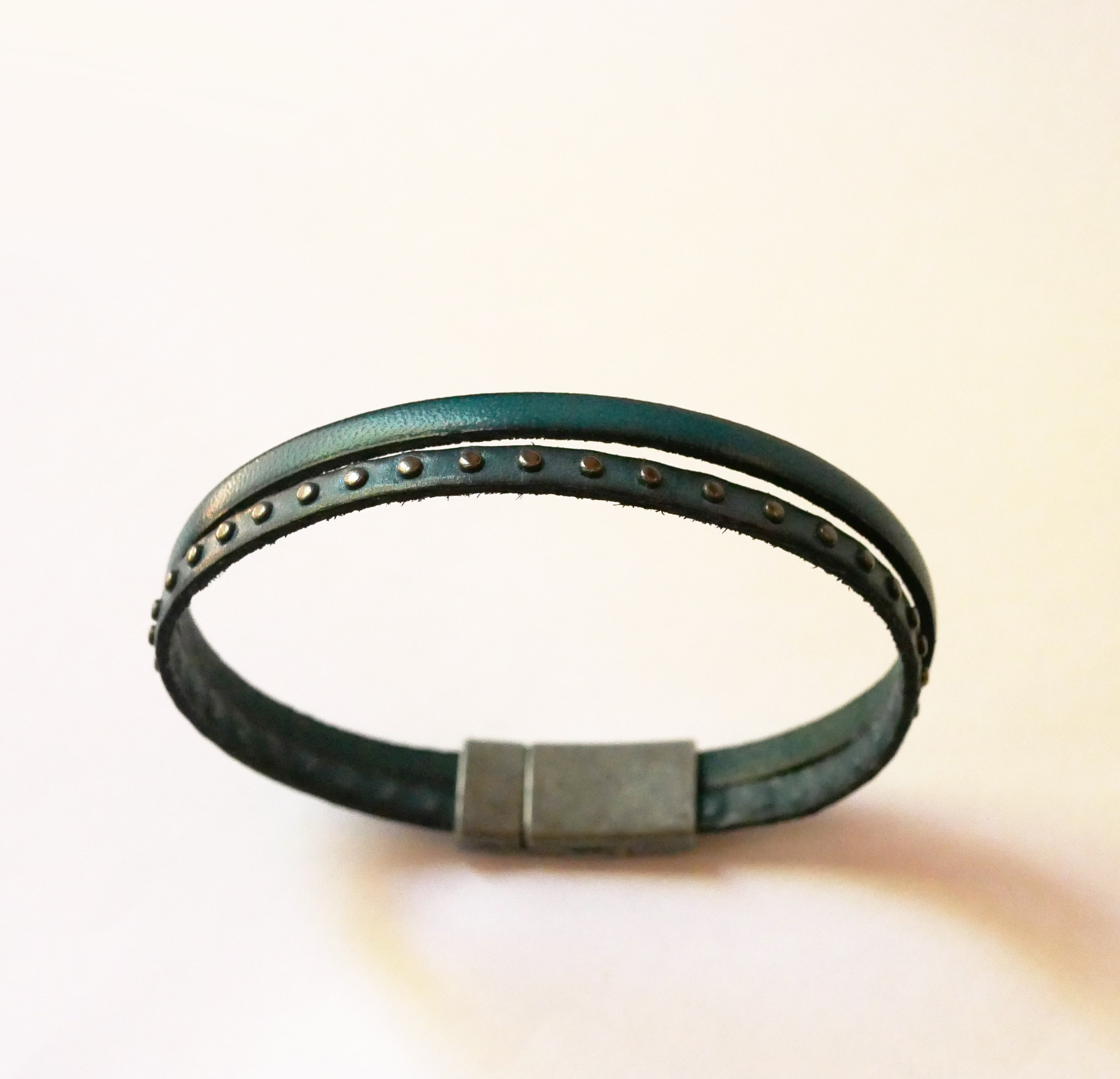 Men's blue leather duo bracelet with studs