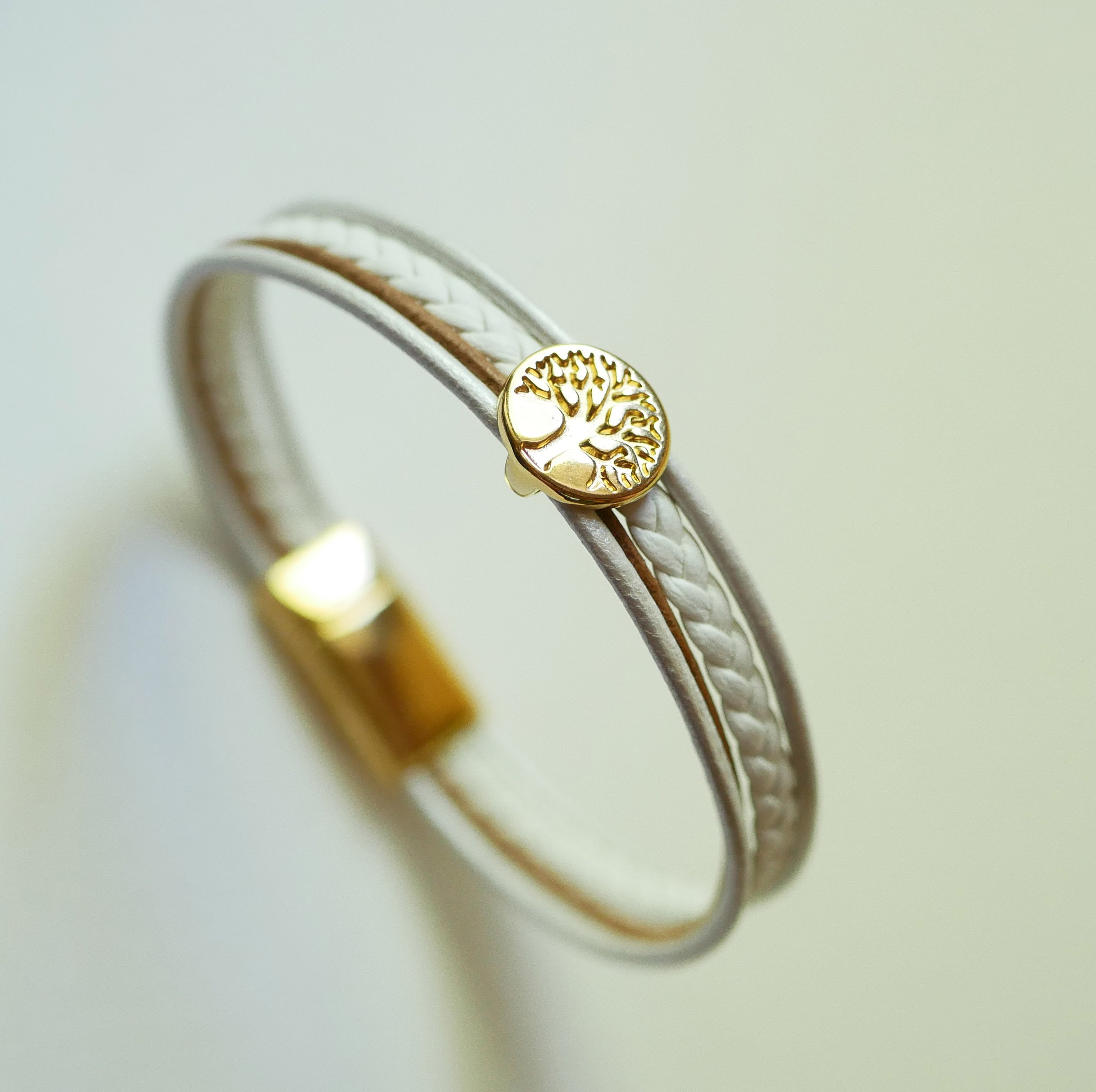 White and gold leather cuff bracelet with Tree of Life cabochon