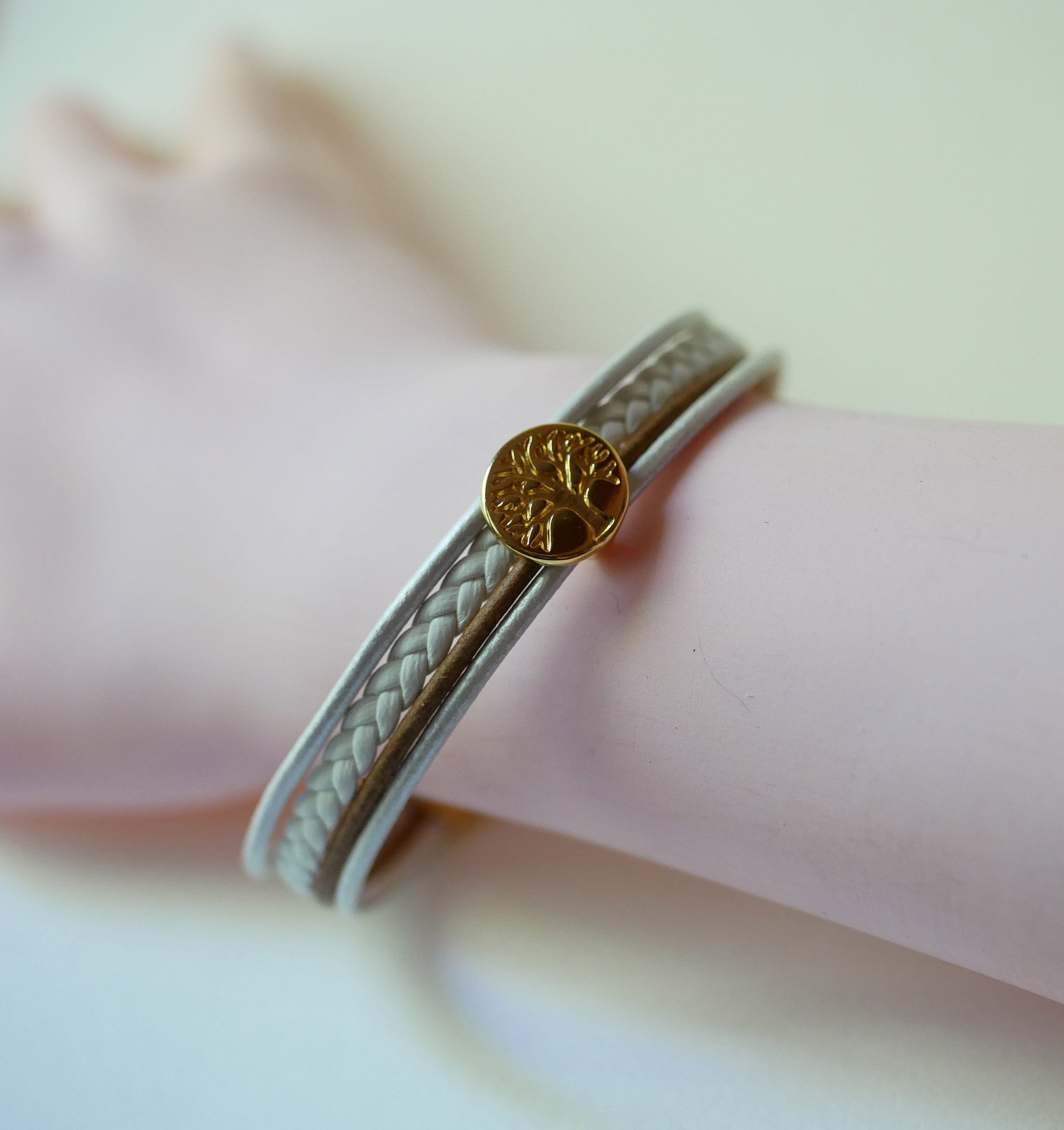 White and gold leather cuff bracelet with Tree of Life cabochon